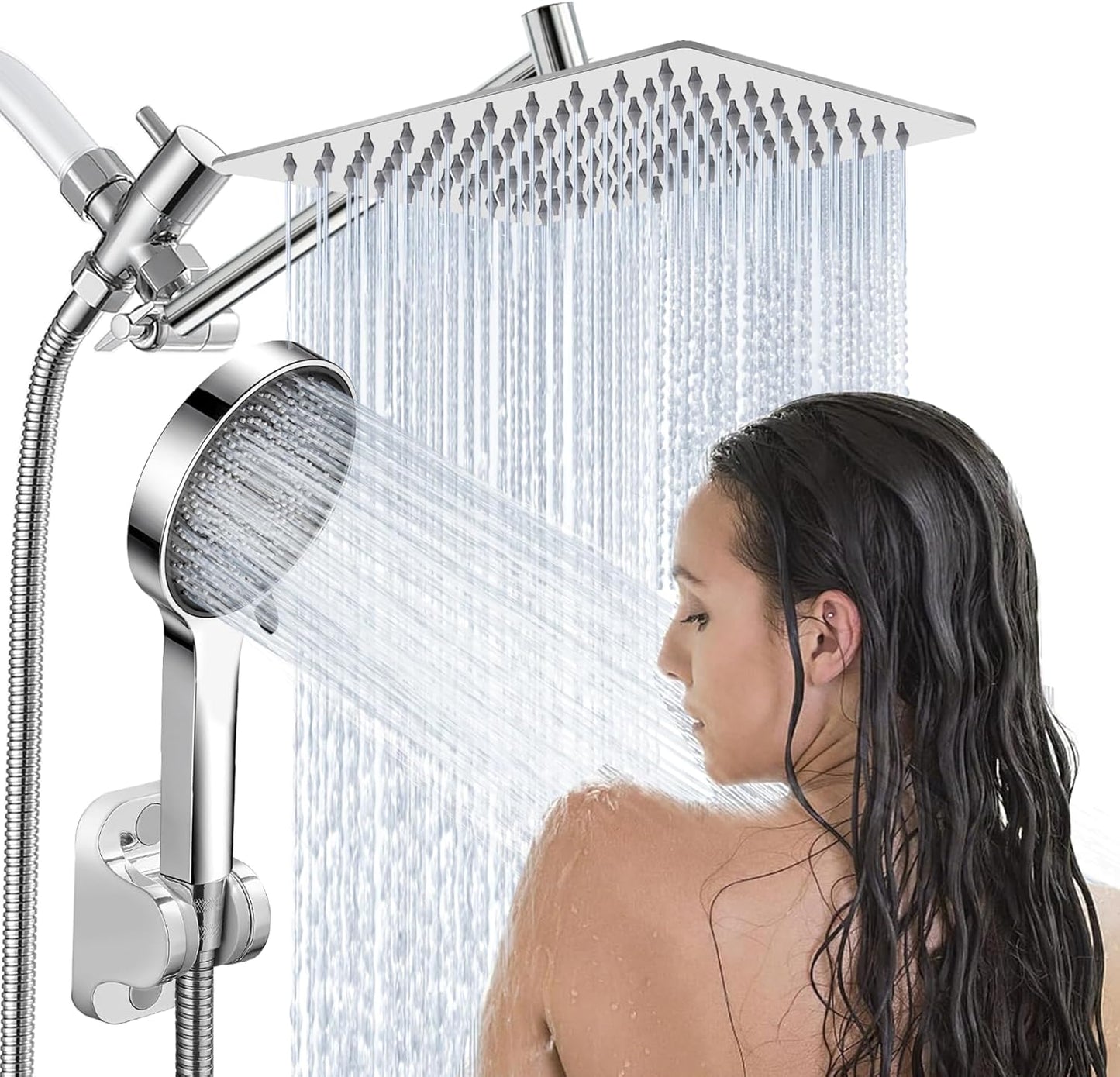 Shower Head,12" High Pressure Shower Combo,Rainfall Shower System with Handheld Spray,All Metal 3-Way Diverter & 6ft Hose,Anti-Clog Nozzles,Easy to Install in Bathrooms-Silver Chrome