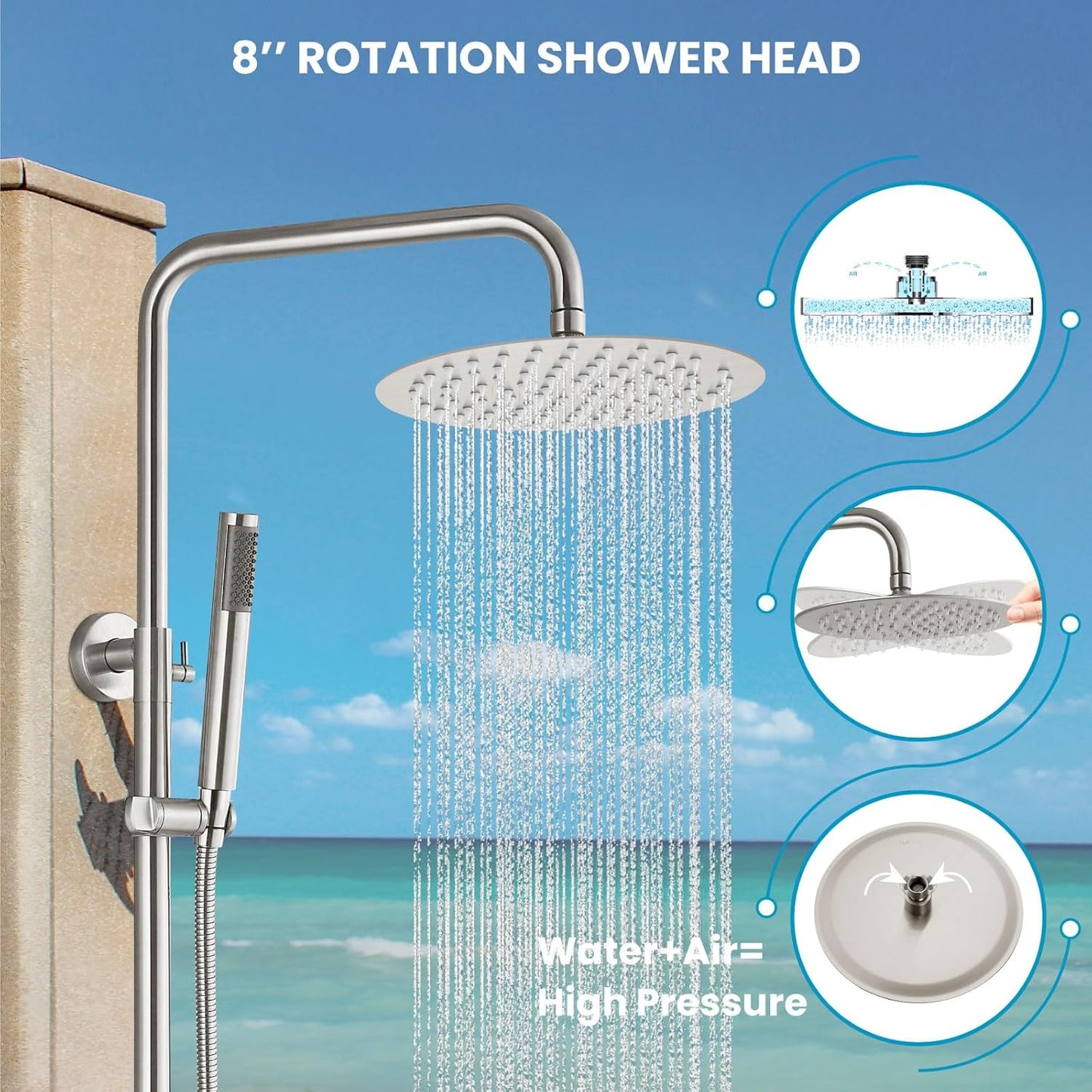 gotonovo Outdoor Shower Fixtures SUS304 Stainless Steel Rain Shower Kit Faucet High Pressure Wall Mount 2 Dual Function 8 Inch Showerhead and Handheld Spray Combo, Single Handle, Brushed Nickel