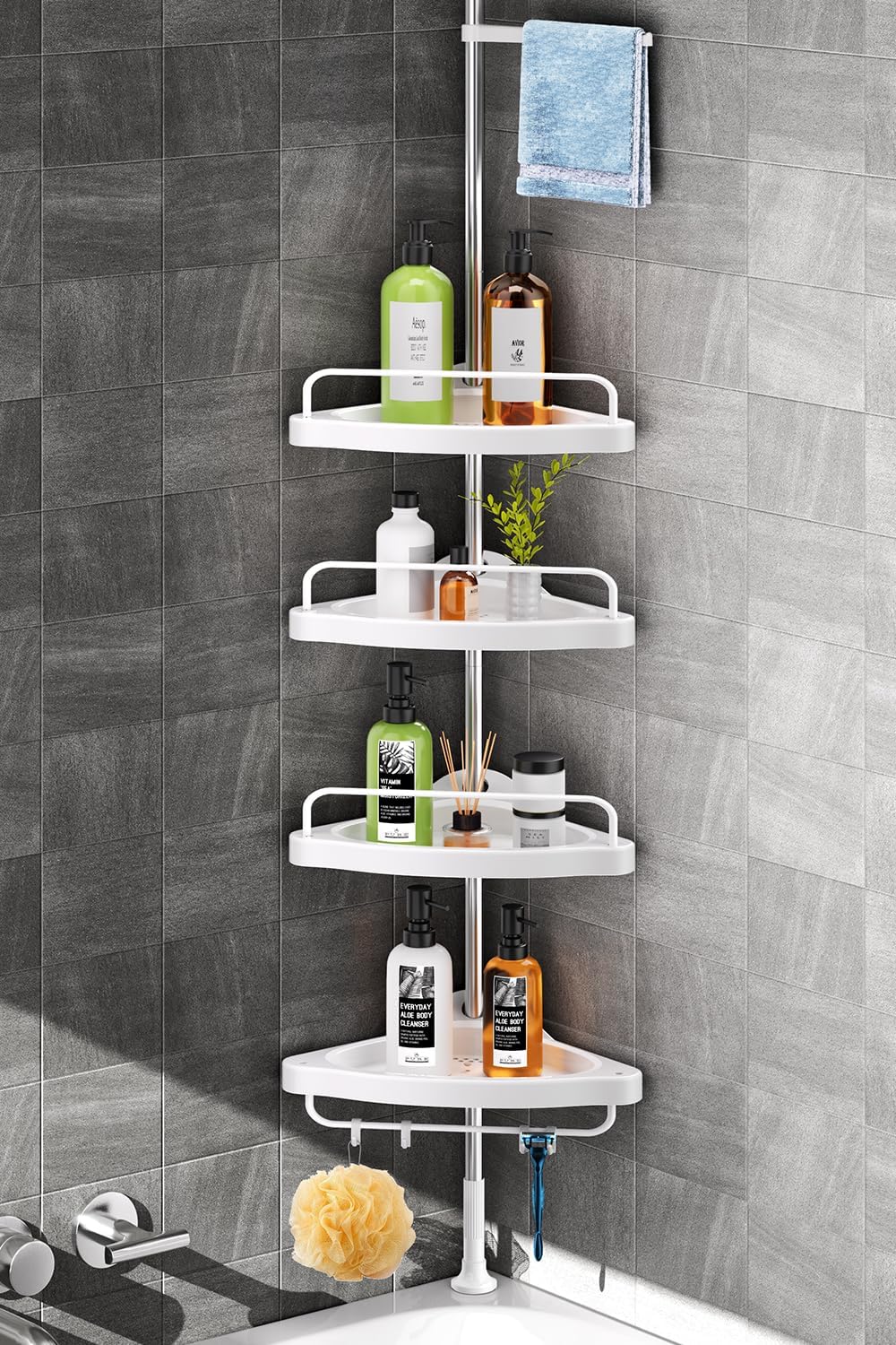 HAMITOR Corner Shower Caddy Tension Pole: Adjustable Stainless Steel Shower Organizer with 4 Tier Shelf for Bathroom Bathtub Tub Shampoo - Floor Standing Rack Bath Storage Holder with Rust Proof Rods