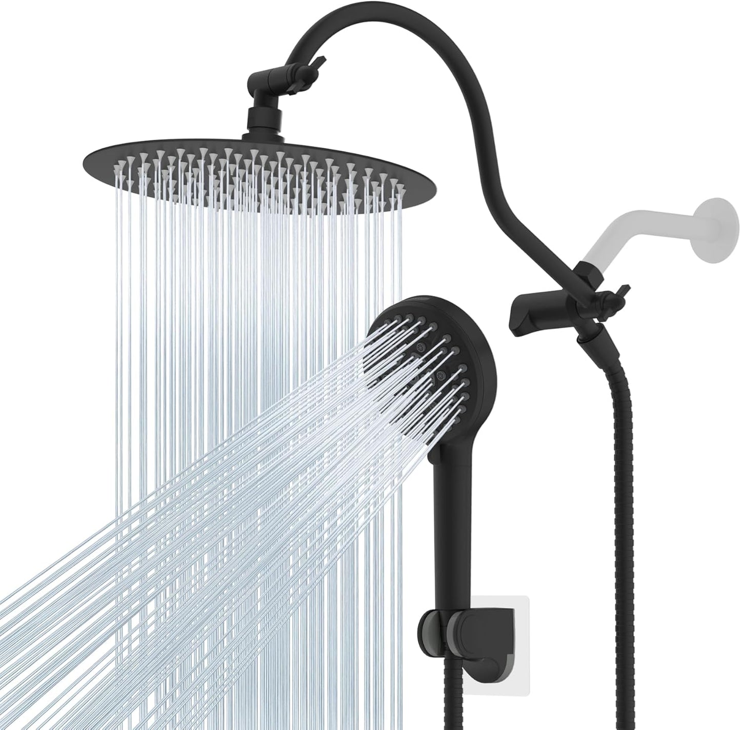 Hibbent All Metal Shower Head, 10'' High Pressure Rainfall Shower Head/Handheld Showerhead Combo with 12'' Adjustable Curve Shower Extension Arm, 10 Sprays, 71'' Shower Hose, Showerhead Holder, Chrome