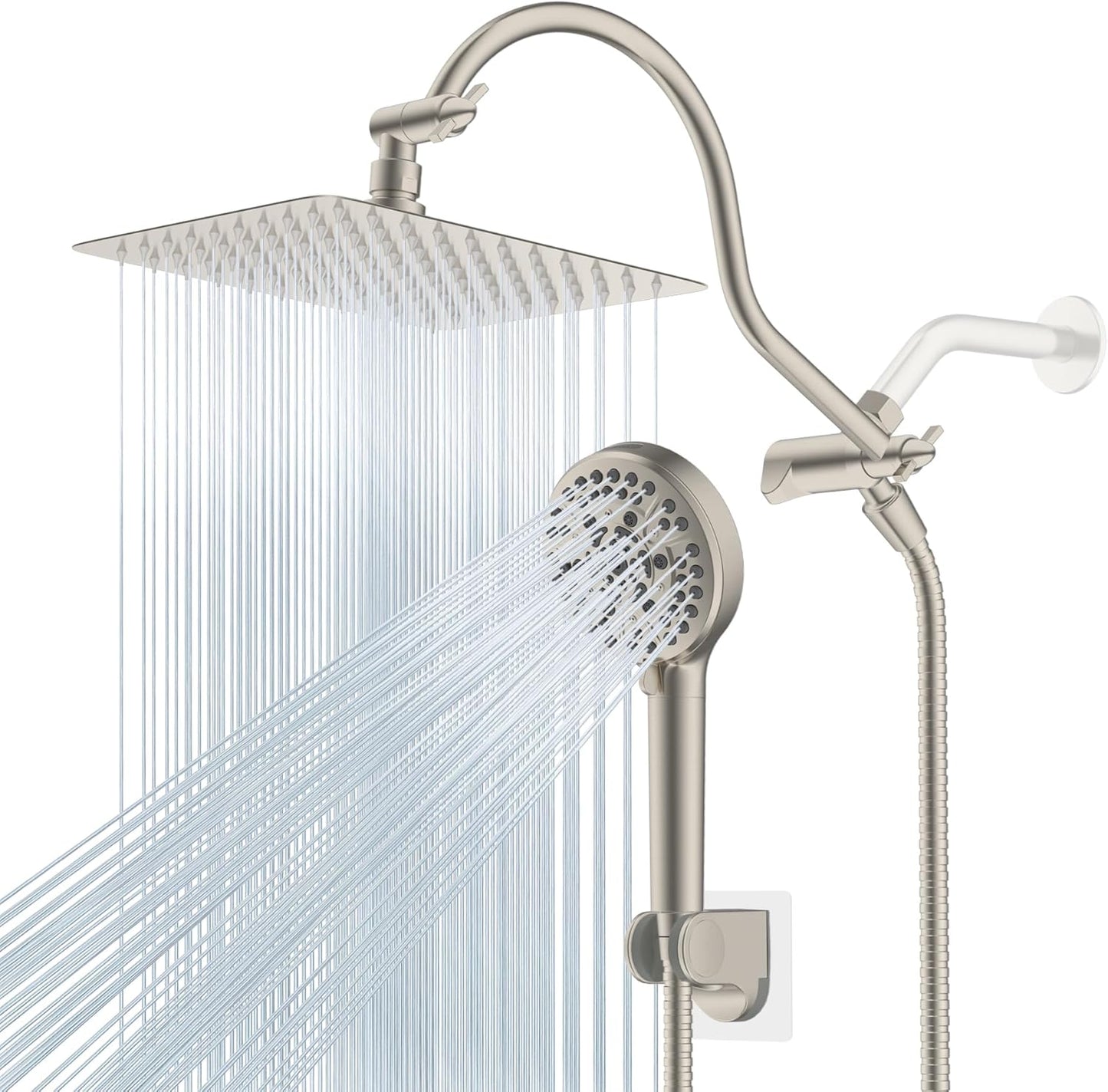 Hibbent All Metal Shower Head, 10'' High Pressure Rainfall Shower Head/Handheld Showerhead Combo with 12'' Adjustable Curve Shower Extension Arm, 10 Sprays, 71'' Shower Hose, Showerhead Holder, Chrome