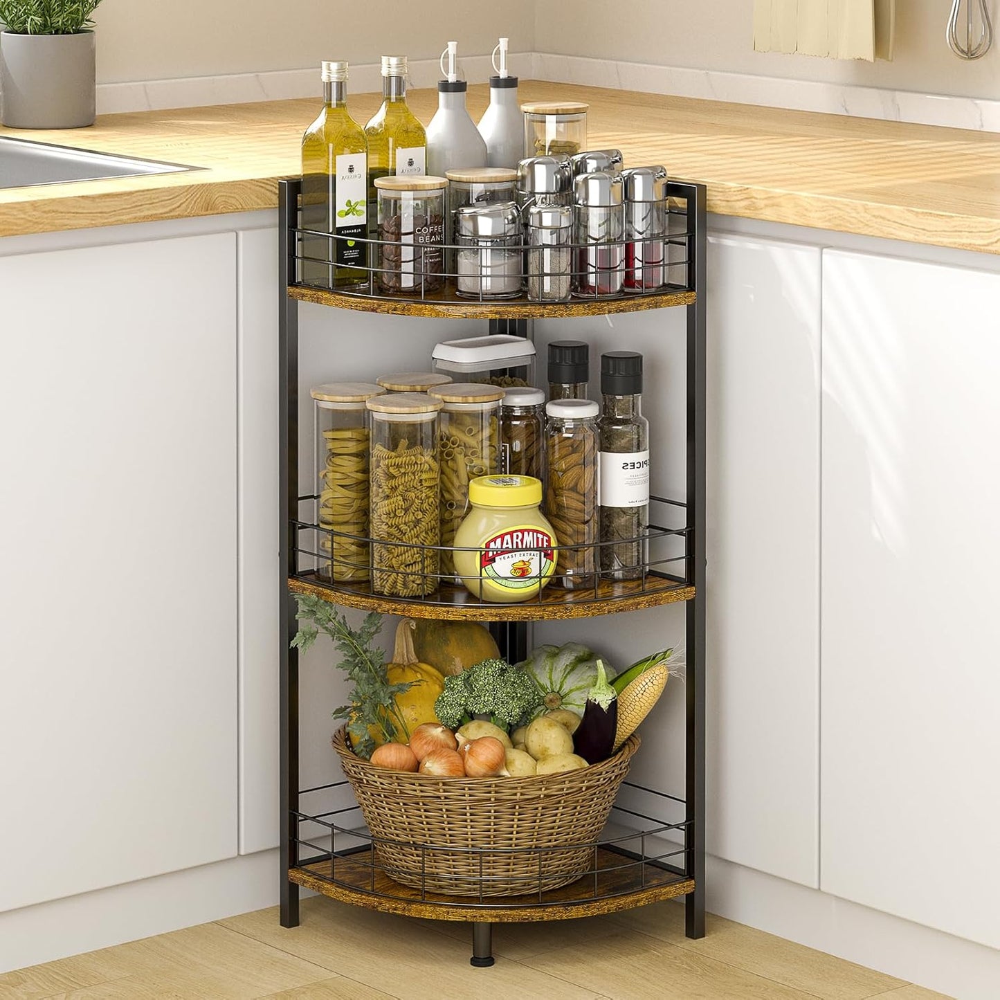 Bathroom Standing Shelf, 3 Tier Open Floor Shelves, Free-Standing Shelf Units, Triangular Curved Corner Shelf Stand for Small Space, Ideal for Bathroom,Kitchen,Vanity Storage and Organizer