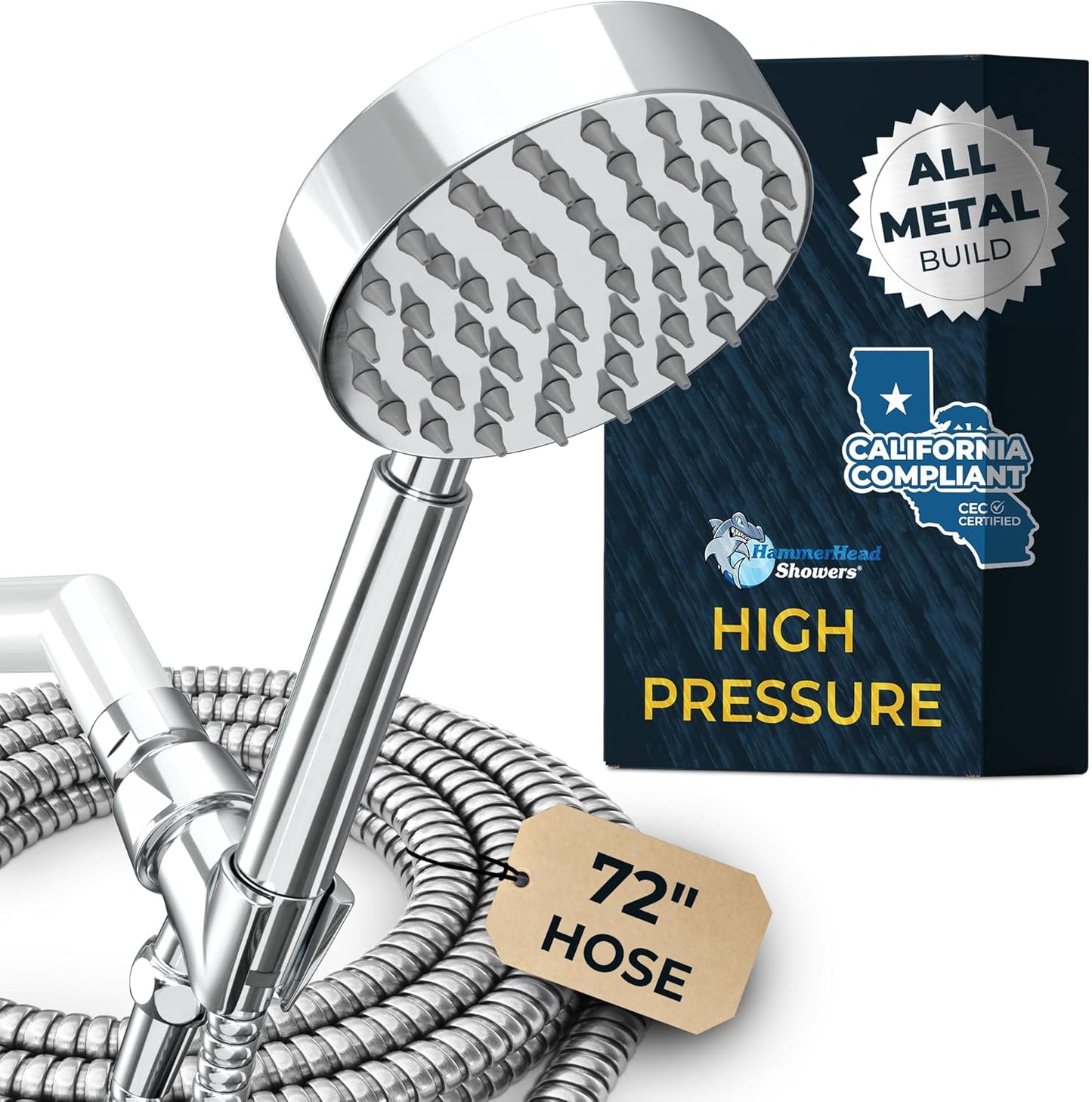 HammerHead Showers® ALL METAL Handheld Shower Head with Hose and Brass Holder - CHROME - 2.5 GPM High Pressure Shower Heads with Adjustable Shower Wand Bracket - 6ft Flexible Extension