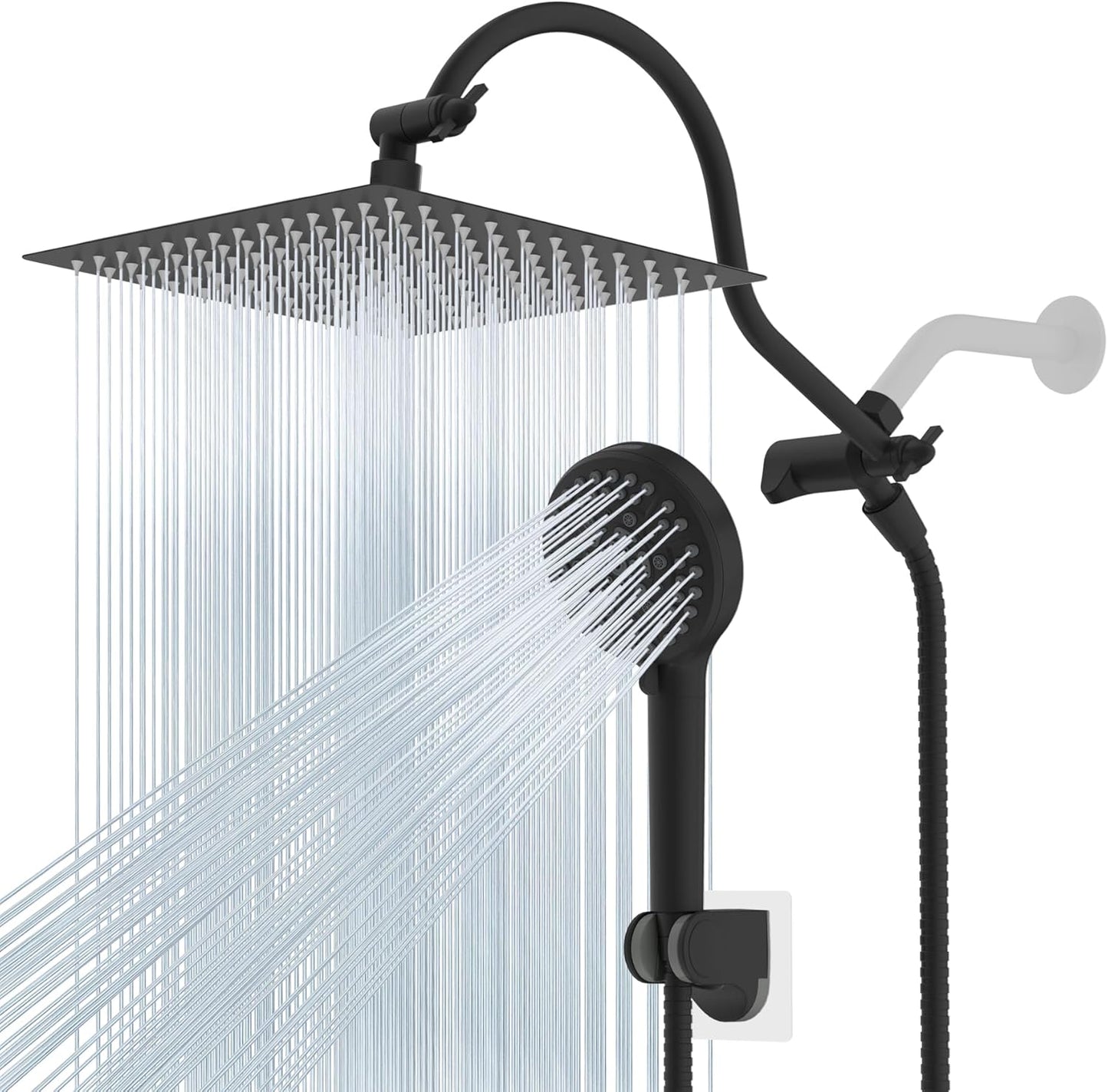 Hibbent All Metal Shower Head, 10'' High Pressure Rainfall Shower Head/Handheld Showerhead Combo with 12'' Adjustable Curve Shower Extension Arm, 10 Sprays, 71'' Shower Hose, Showerhead Holder, Chrome