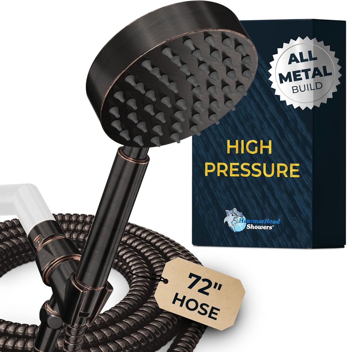 HammerHead Showers® ALL METAL Handheld Shower Head with Hose and Brass Holder - CHROME - 2.5 GPM High Pressure Shower Heads with Adjustable Shower Wand Bracket - 6ft Flexible Extension