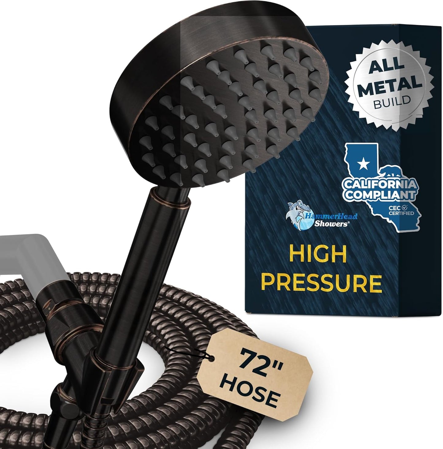 HammerHead Showers® ALL METAL Handheld Shower Head with Hose and Brass Holder - CHROME - 2.5 GPM High Pressure Shower Heads with Adjustable Shower Wand Bracket - 6ft Flexible Extension