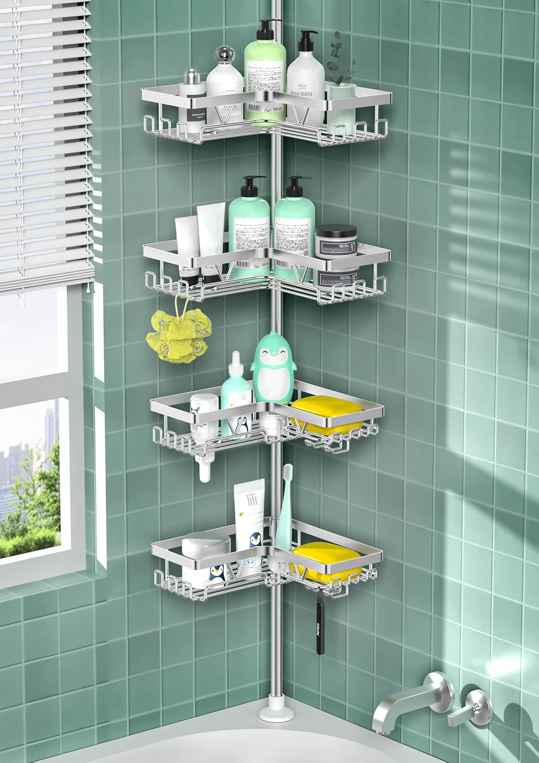 Corner Shower Caddy Tension Pole - 4 Tier Stainless Steel Rustproof Shower Corner Caddy for Bathtub Bathroom Shower Organizer Shelves Adjustable Pole 25-114.2 Inch Black