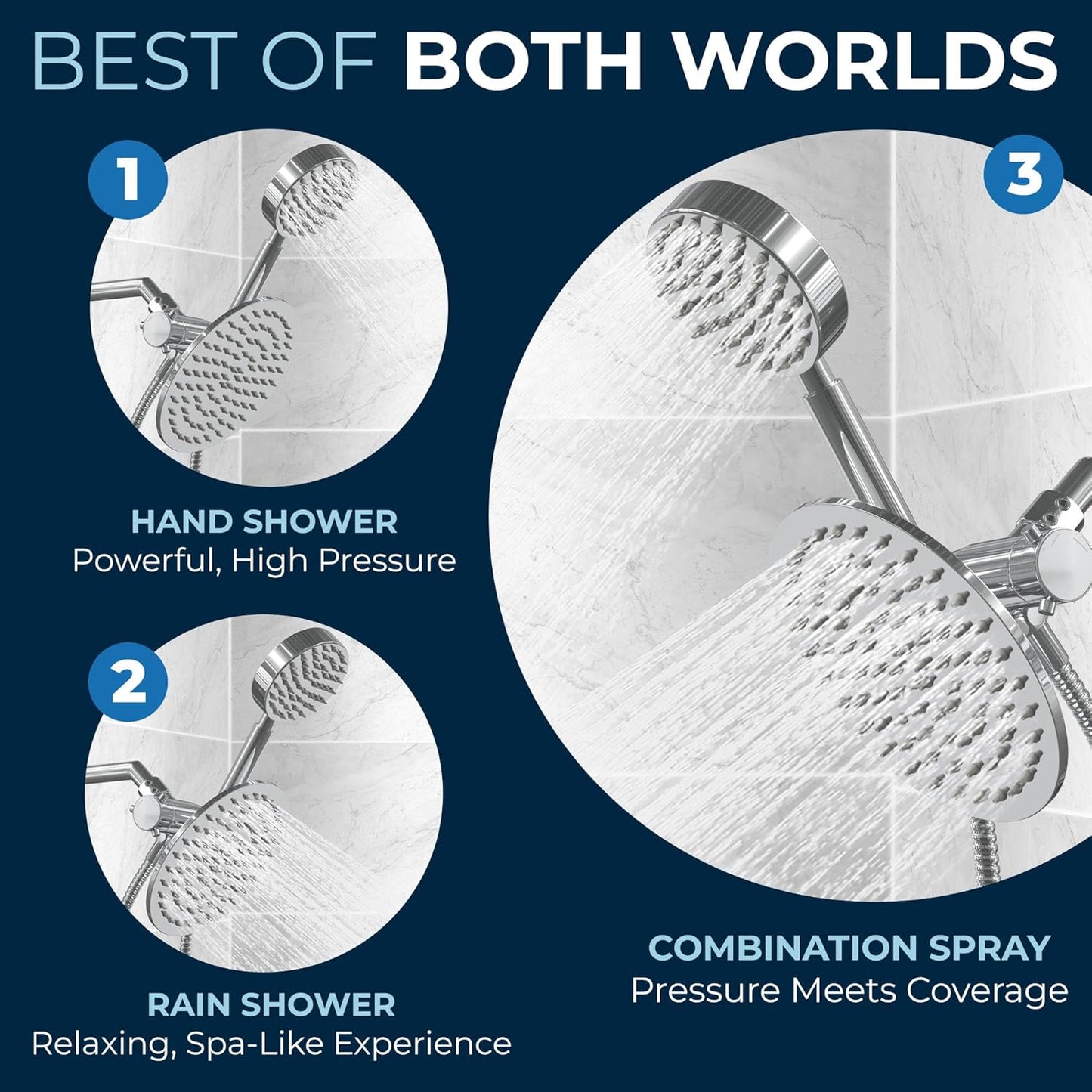 HammerHead Showers® ALL METAL Dual Shower Head Combo – CHROME – 8 Inch Rainfall High Flow Shower Head & Handheld Shower Head High Pressure with Hose 6ft - Hotel-Like Double Shower Heads