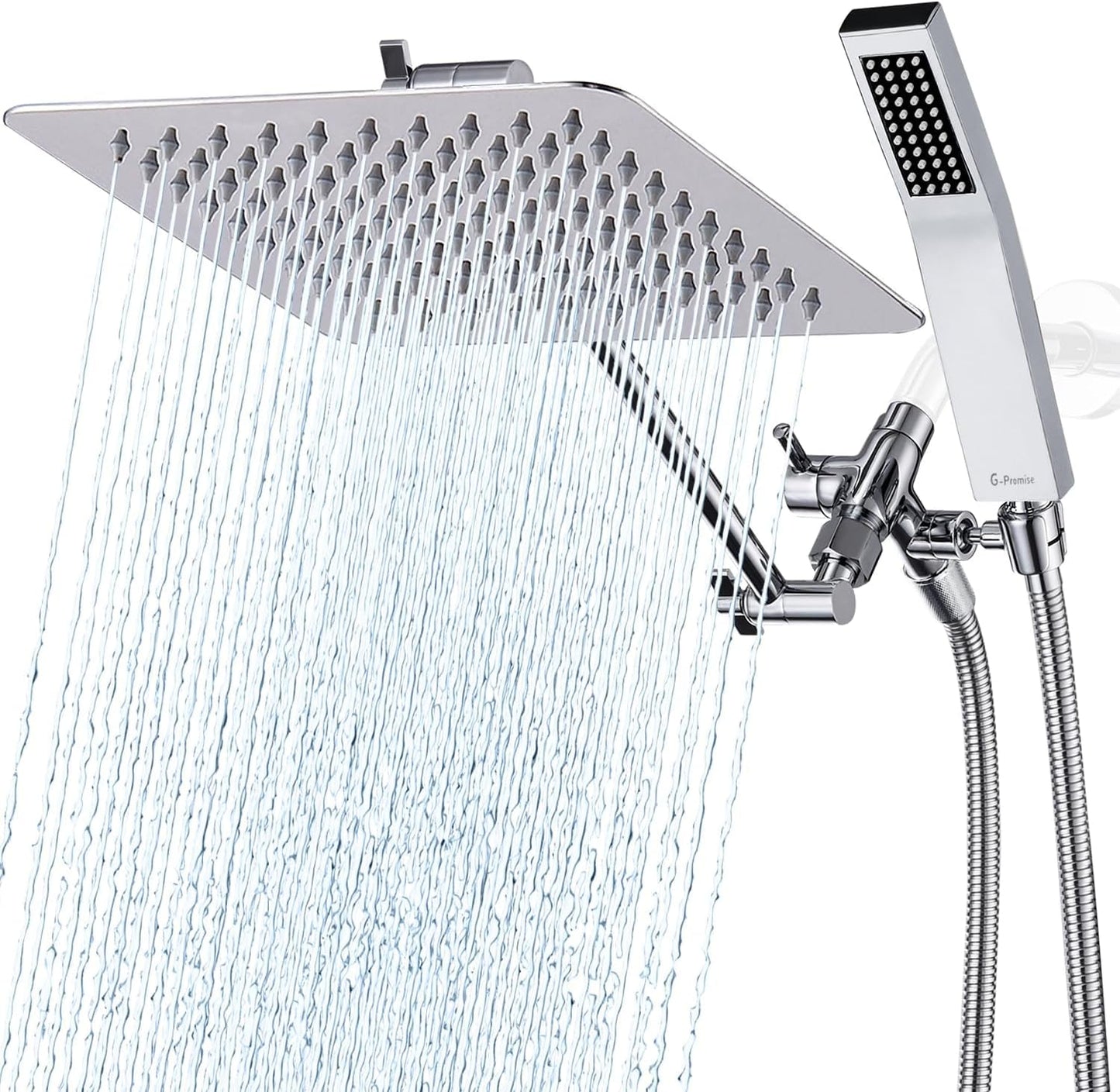 G-Promise All Metal 14 Inch Dual Shower Head with Handheld Combo, Rain Shower Head, Adjustable Extension Arm, Smooth 3-Way Diverter, 71 Inch Extra Long Hose - A Bathroom Upgrade (Chrome)