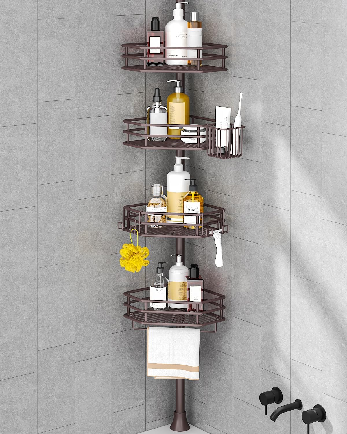 SEIRIONE Corner Shower Caddy Tension Pole, Quick Setup, Rust-Free Bathroom Shower Organizer Corner for Bathtub Shampoo Storage, 4-Tier Adjustable Shelf, Drill Free, Fits 34 to 116 Inch Height, Silver