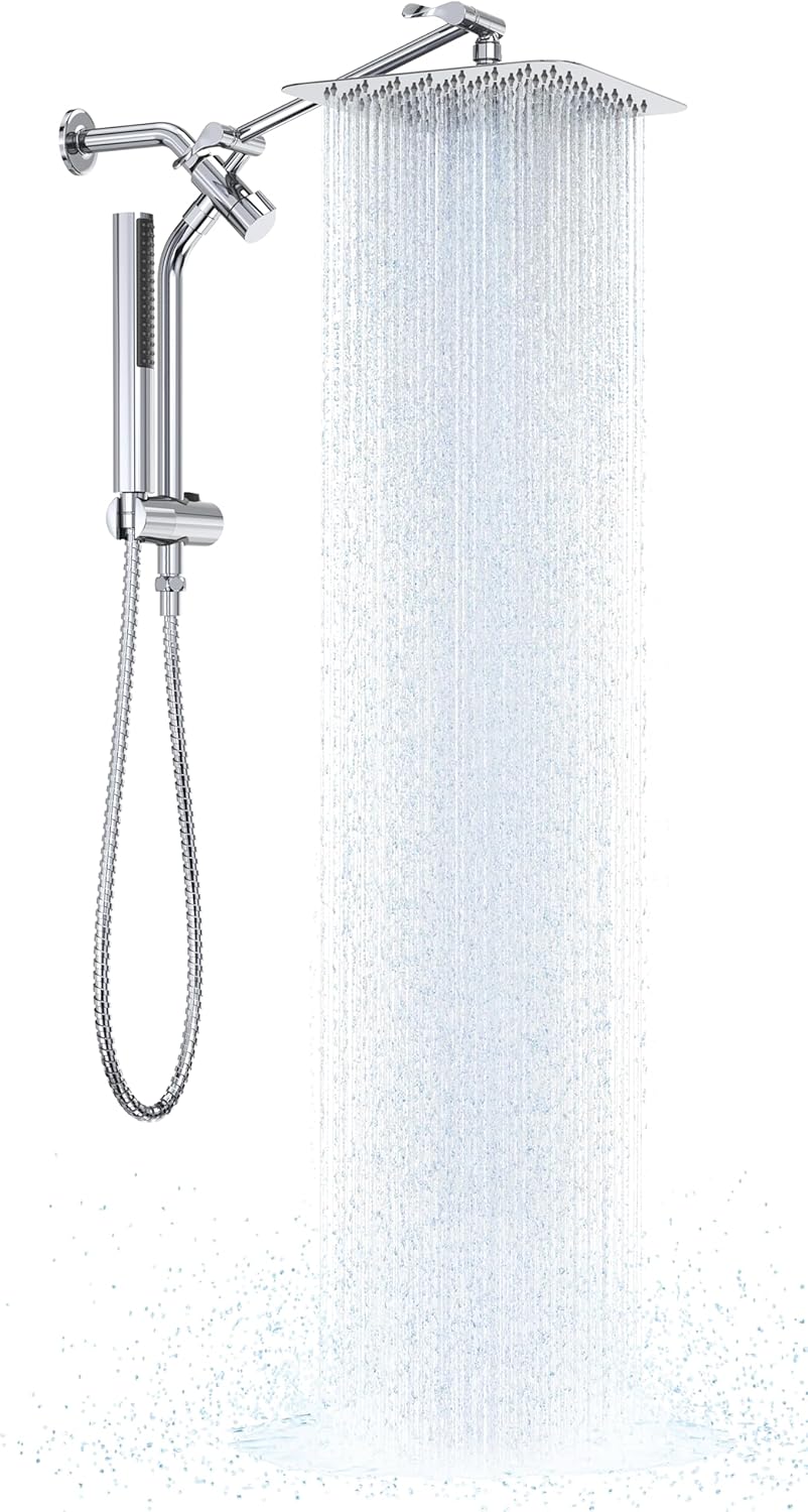 Veken Brushed Nickel Shower Head, 10'' All Metal Rain Shower Heads with Handheld Spray Combo, Hand Held Bathroom Combo with Extension Arm, Dual shower with Power Wash, Adjustable Rainfall Showerhead
