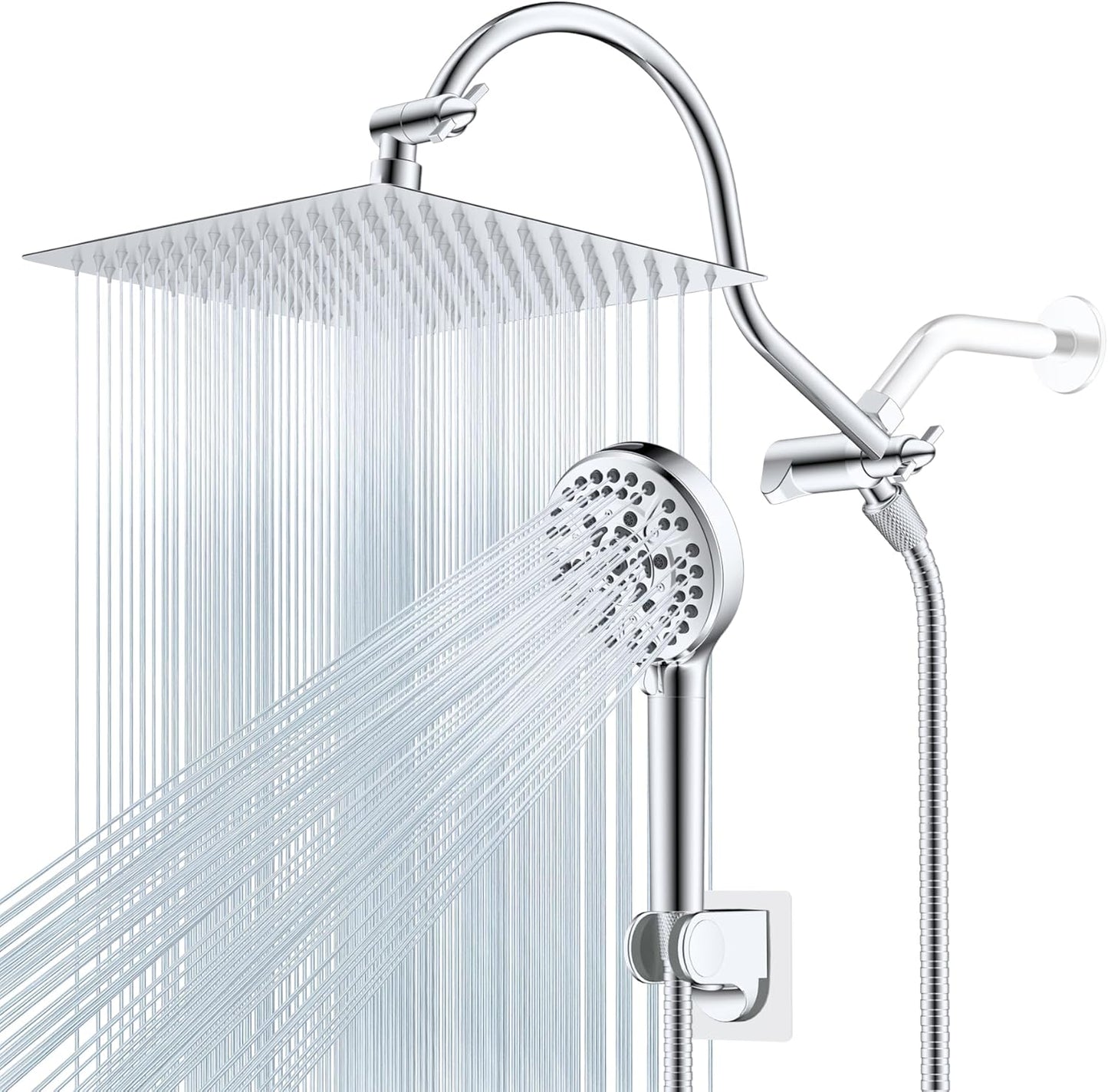 Hibbent All Metal Shower Head, 10'' High Pressure Rainfall Shower Head/Handheld Showerhead Combo with 12'' Adjustable Curve Shower Extension Arm, 10 Sprays, 71'' Shower Hose, Showerhead Holder, Chrome
