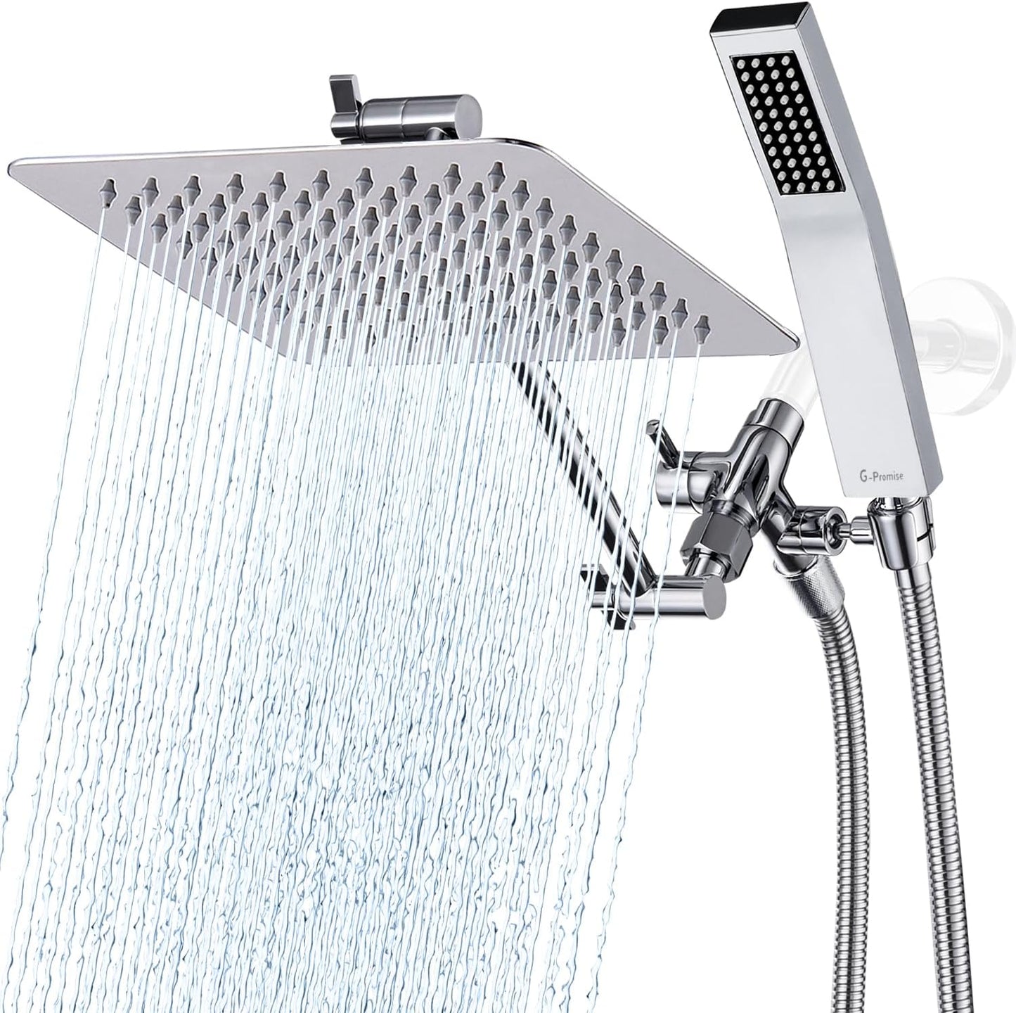 G-Promise All Metal 14 Inch Dual Shower Head with Handheld Combo, Rain Shower Head, Adjustable Extension Arm, Smooth 3-Way Diverter, 71 Inch Extra Long Hose - A Bathroom Upgrade (Chrome)