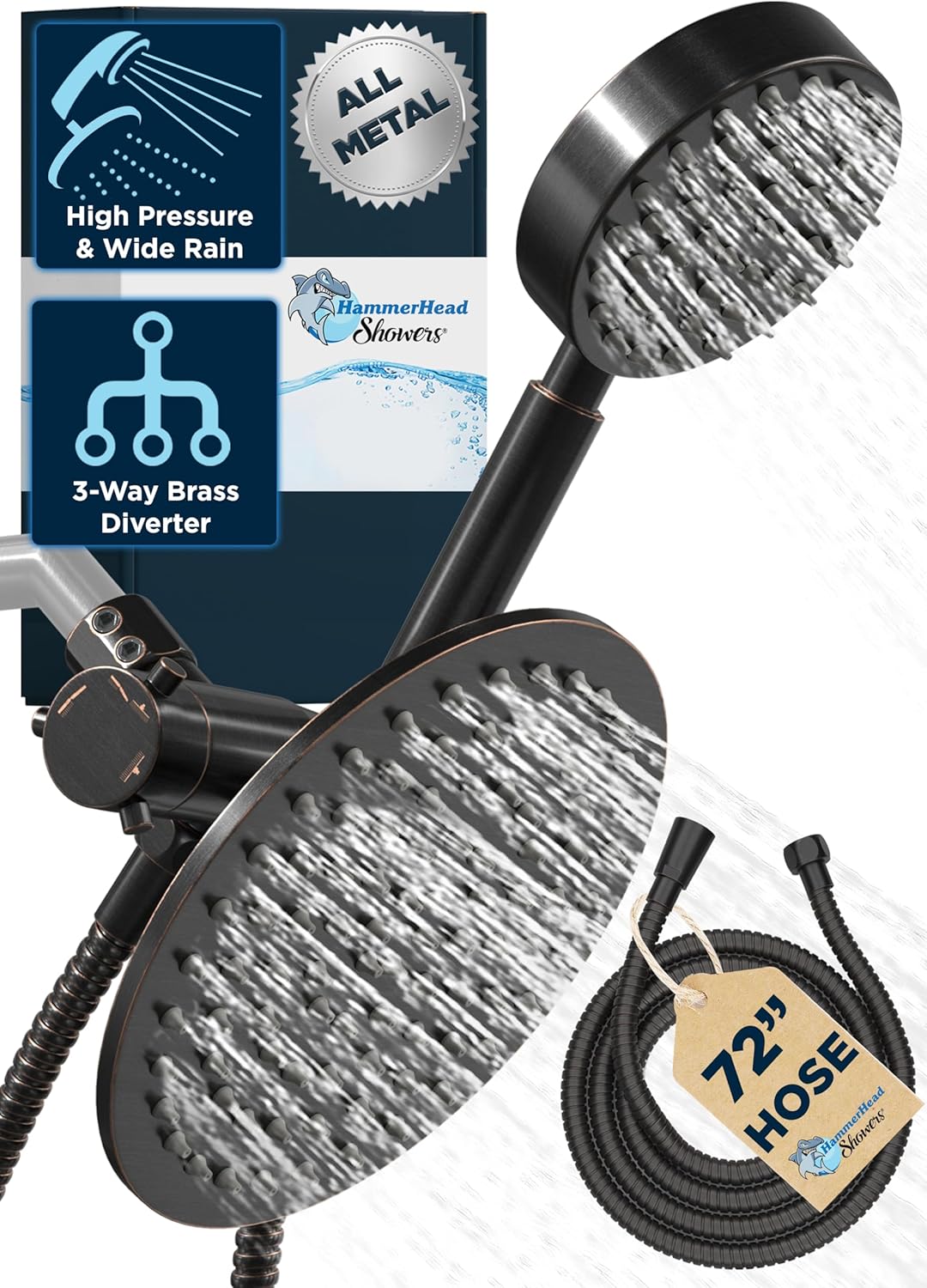 HammerHead Showers® ALL METAL Dual Shower Head Combo – CHROME – 8 Inch Rainfall High Flow Shower Head & Handheld Shower Head High Pressure with Hose 6ft - Hotel-Like Double Shower Heads