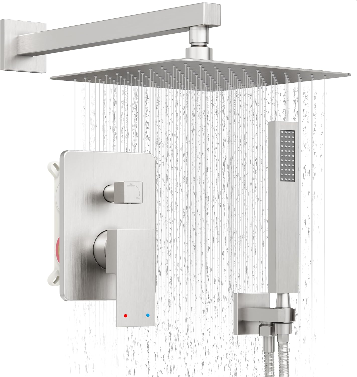 Brushed Nickel Shower System, Shower Faucet Set with 10-Inch Rain Showerhead and Handheld Spray, Wall Mounted High-Pressure Showerhead Combo Set Included Valve and Trim, Brushed Nickel