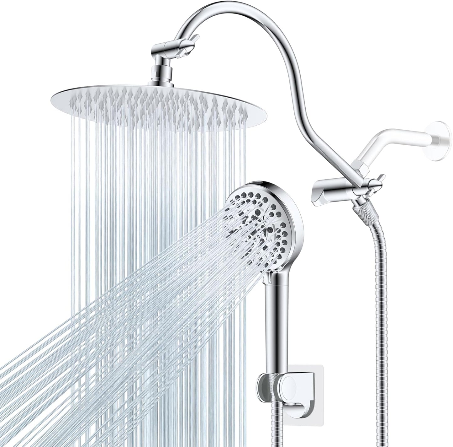 Hibbent All Metal Shower Head, 10'' High Pressure Rainfall Shower Head/Handheld Showerhead Combo with 12'' Adjustable Curve Shower Extension Arm, 10 Sprays, 71'' Shower Hose, Showerhead Holder, Chrome