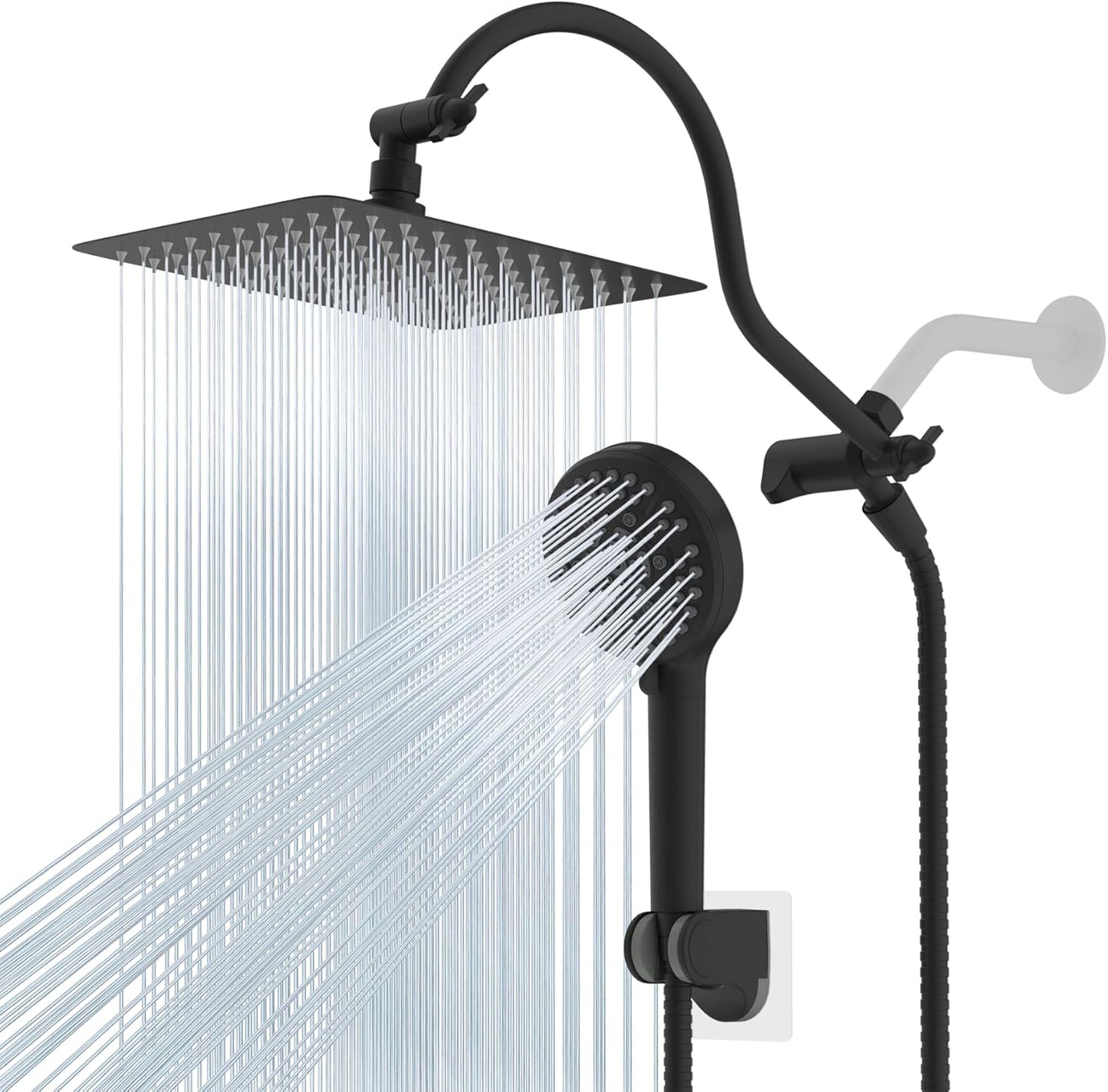 Hibbent All Metal Shower Head, 10'' High Pressure Rainfall Shower Head/Handheld Showerhead Combo with 12'' Adjustable Curve Shower Extension Arm, 10 Sprays, 71'' Shower Hose, Showerhead Holder, Chrome