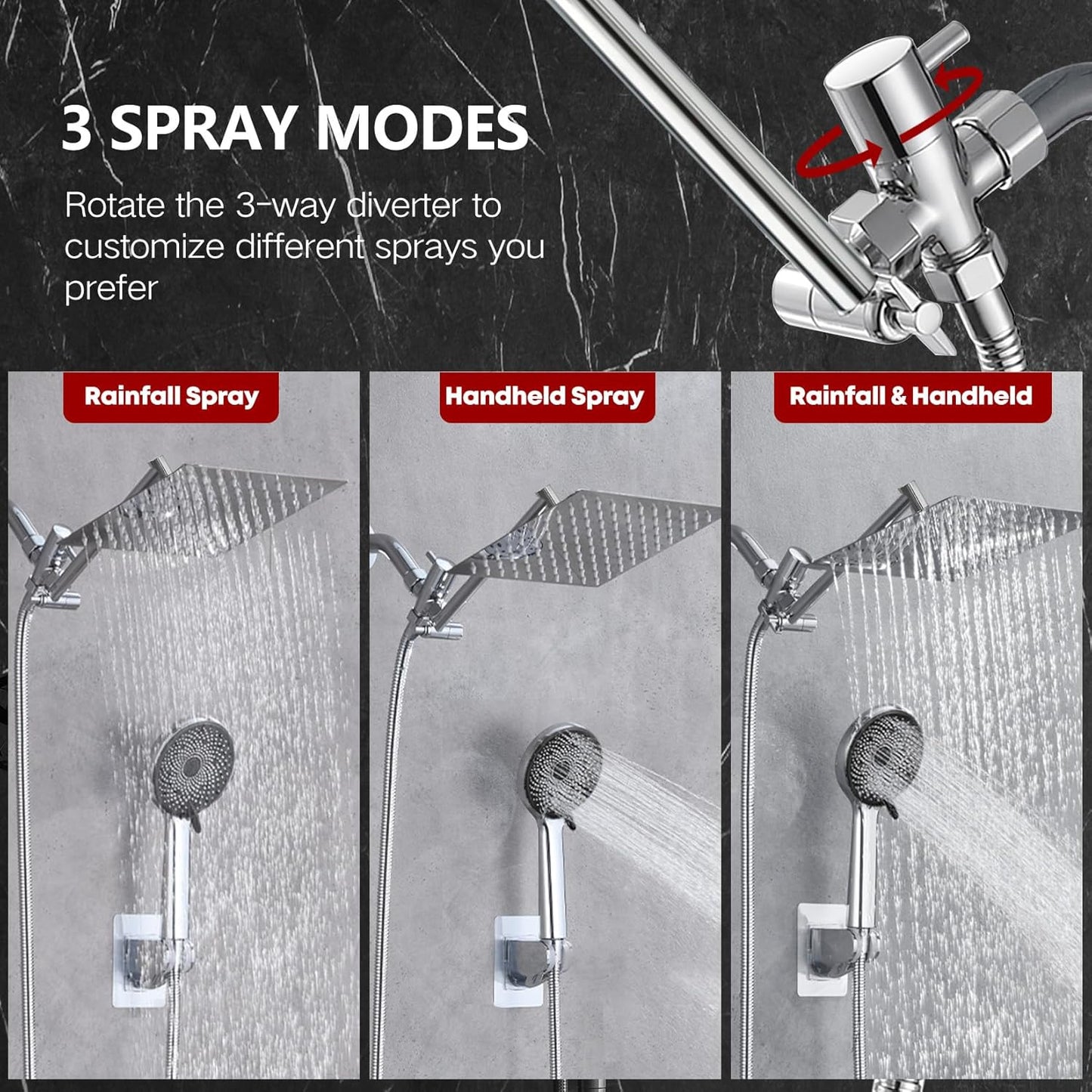 Shower Head,12" High Pressure Shower Combo,Rainfall Shower System with Handheld Spray,All Metal 3-Way Diverter & 6ft Hose,Anti-Clog Nozzles,Easy to Install in Bathrooms-Silver Chrome