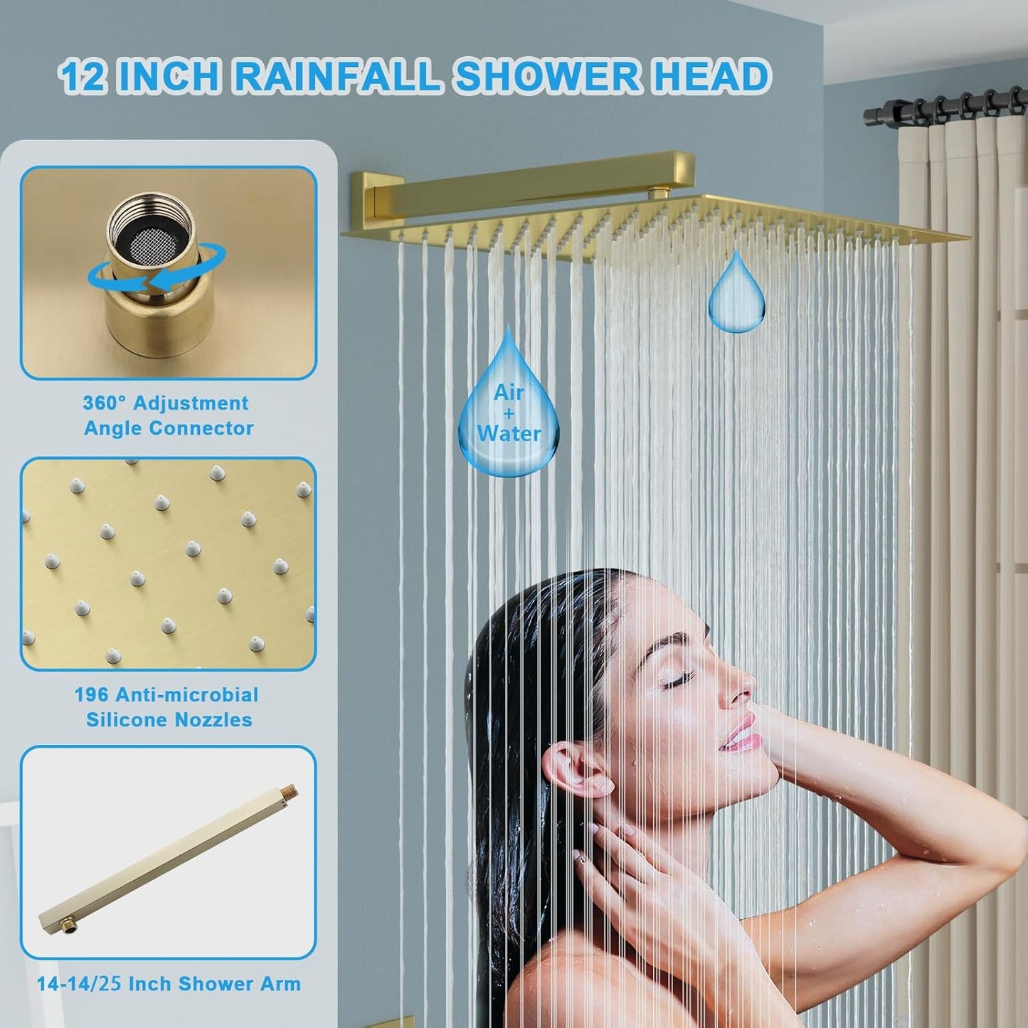 Lordear 12 Inch Rainfall Shower System Wall Mounted Shower Head Faucet Set Gold Brushed Stainless Steel Showerhead with Handheld Combo, Brass Valve Included