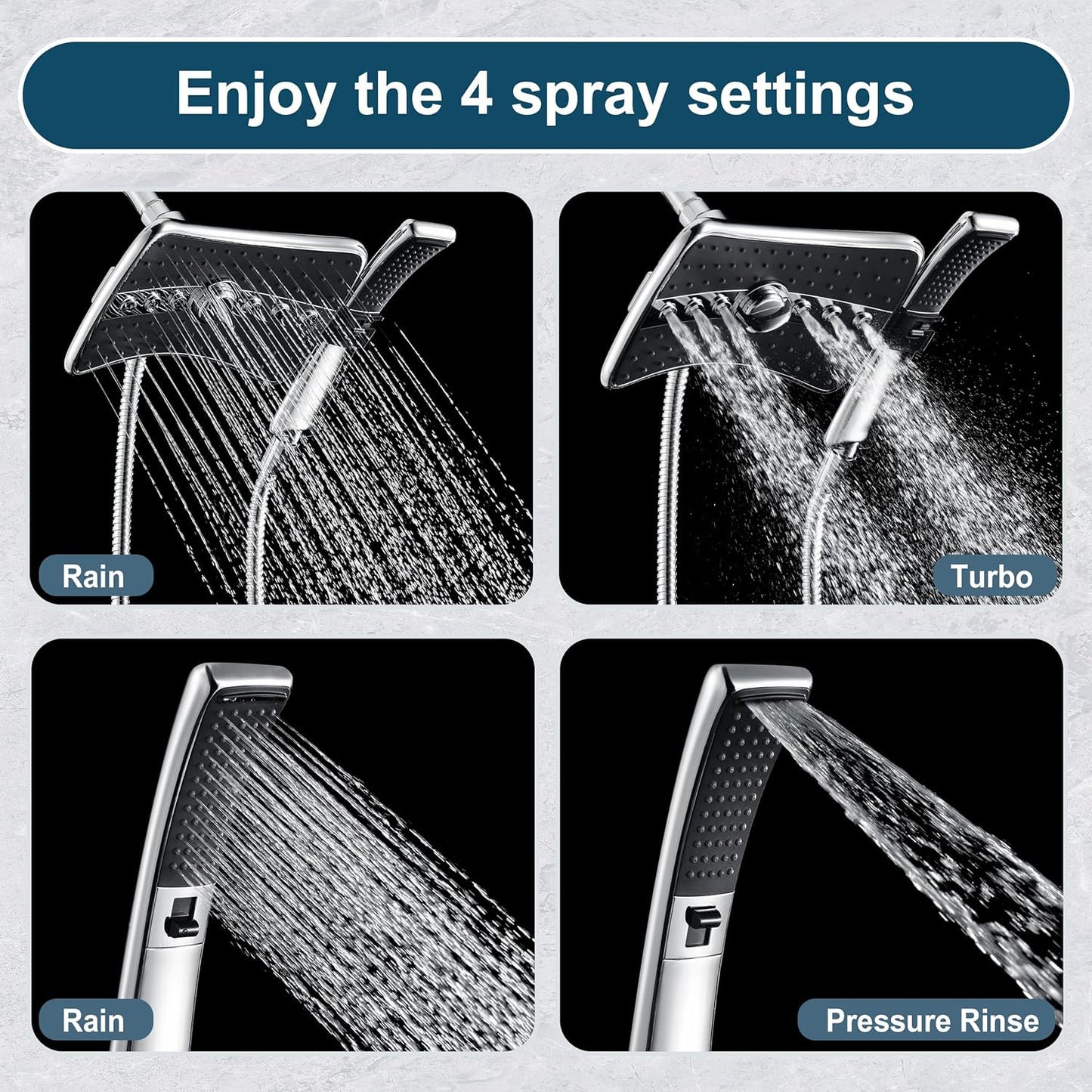 BRIGHT SHOWERS High Pressure Dual Shower Head Combo, Handheld Showerhead Rainfall Shower Head Set with Black Face, 60 Inch Long Stainless Steel Shower Hose, Chrome