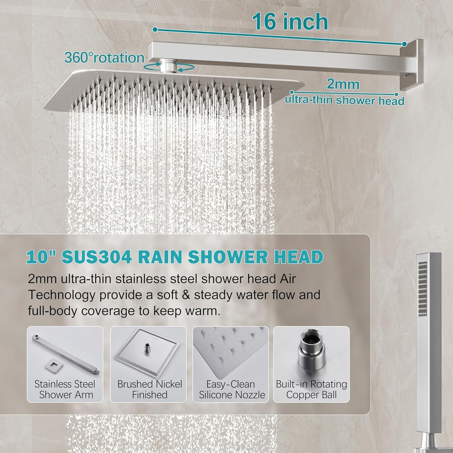 Brushed Nickel Shower System, Shower Faucet Set with 10-Inch Rain Showerhead and Handheld Spray, Wall Mounted High-Pressure Showerhead Combo Set Included Valve and Trim, Brushed Nickel