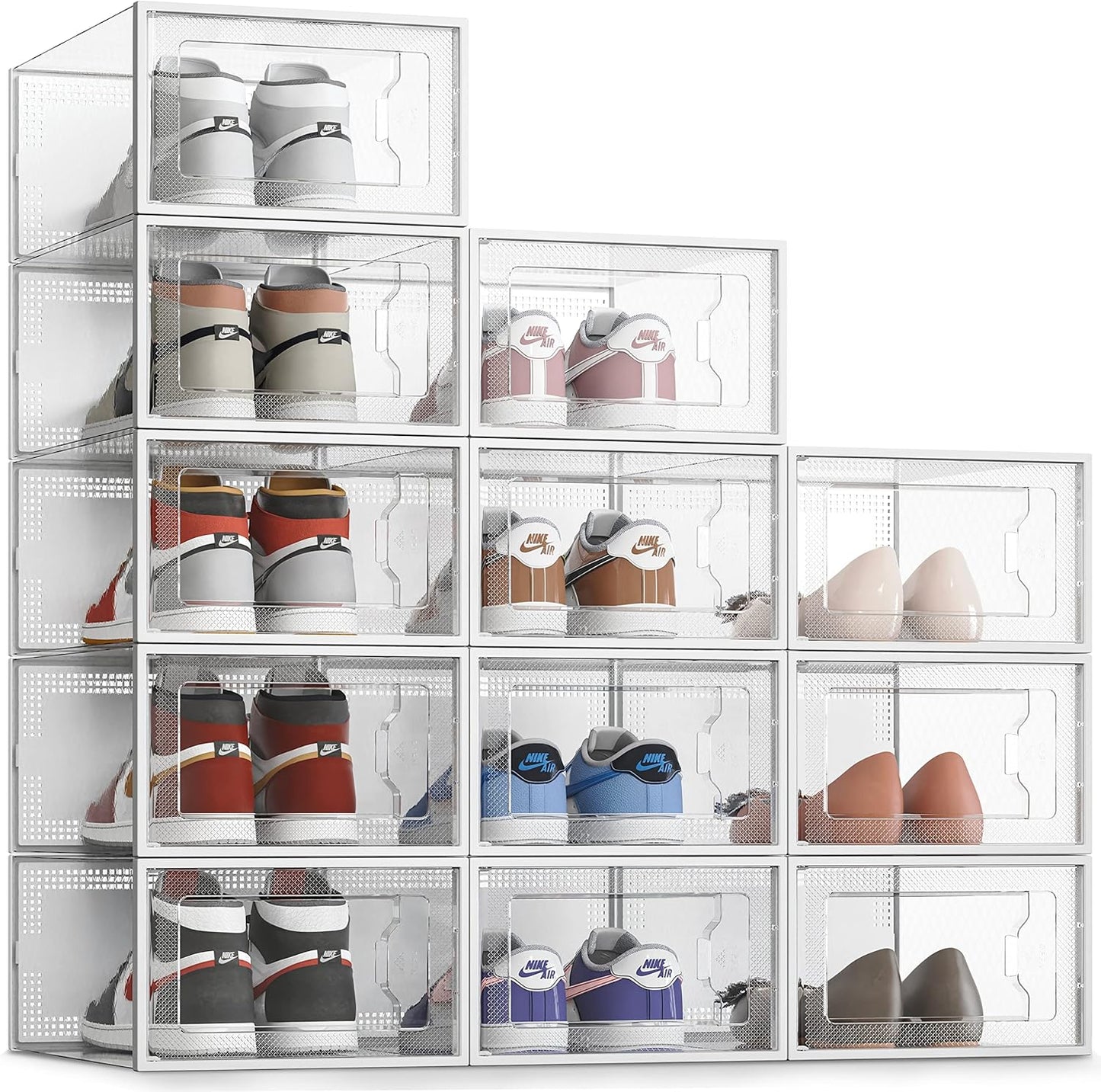 SEE SPRING 12 Pack Shoe Storage Box, Clear Plastic Stackable Shoe Organizer for Closet, Space Saving Foldable Shoe Rack Sneaker Container Bin Holder