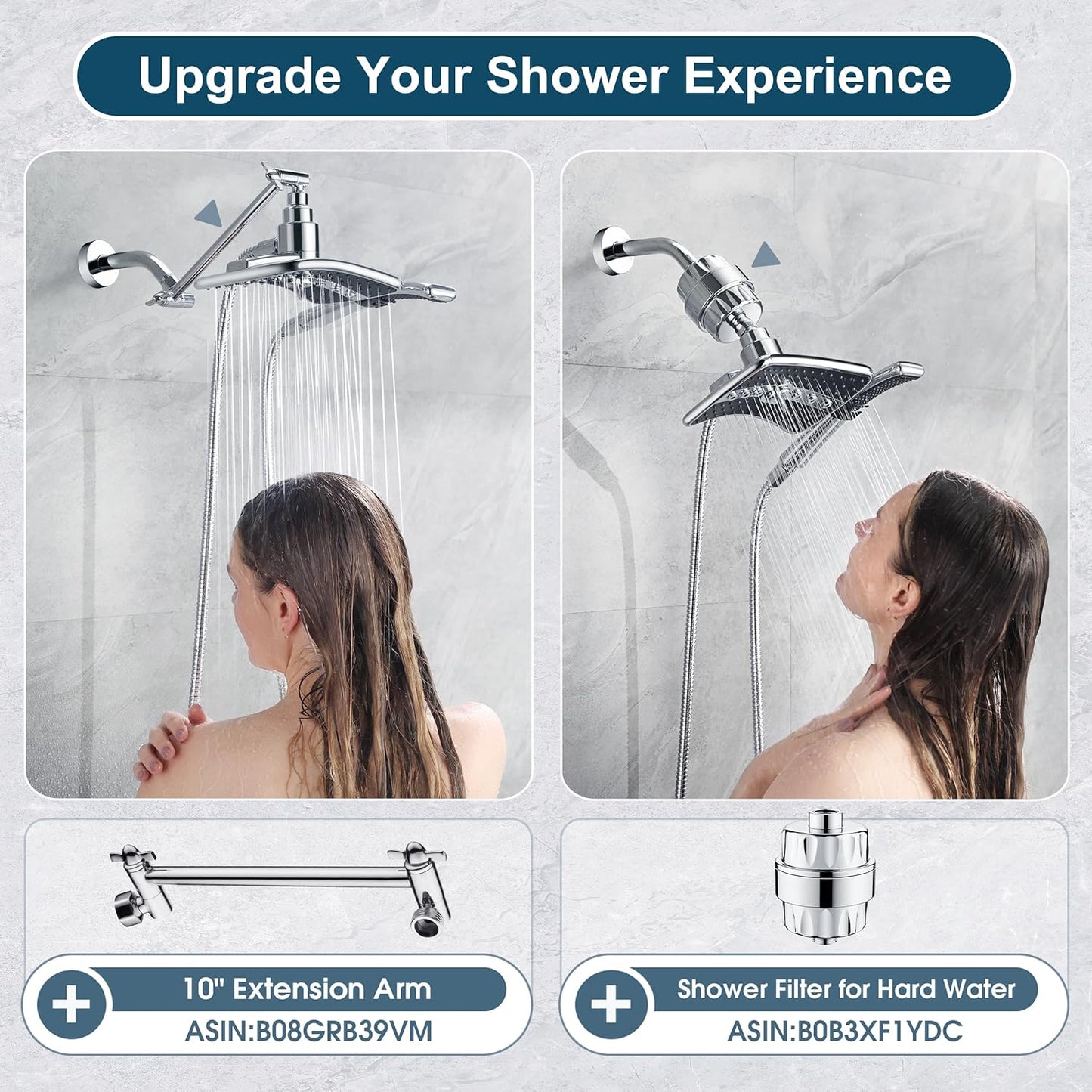 BRIGHT SHOWERS High Pressure Dual Shower Head Combo, Handheld Showerhead Rainfall Shower Head Set with Black Face, 60 Inch Long Stainless Steel Shower Hose, Chrome