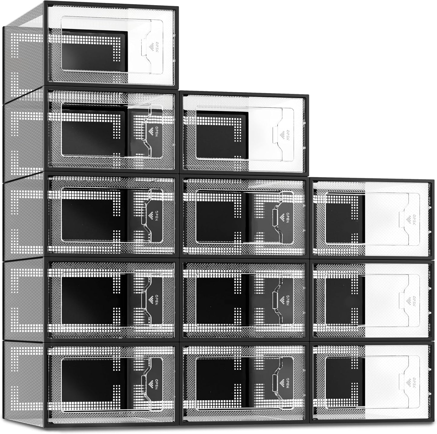 SEE SPRING 12 Pack Shoe Storage Box, Clear Plastic Stackable Shoe Organizer for Closet, Space Saving Foldable Shoe Rack Sneaker Container Bin Holder