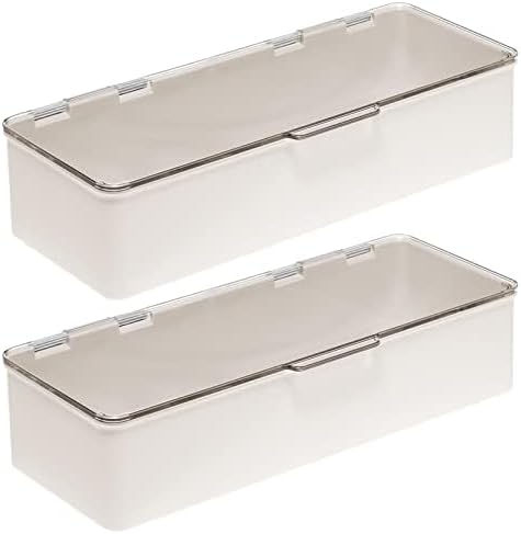 mDesign Long Plastic Cosmetic Storage Organizer Box Containers, Hinged Lid for Bedroom, Bathroom Vanity Shelf or Cabinet, Holds Masks, Palettes, Lotion, Nail Polish, 2 Pack, Cream/Beige/Clear