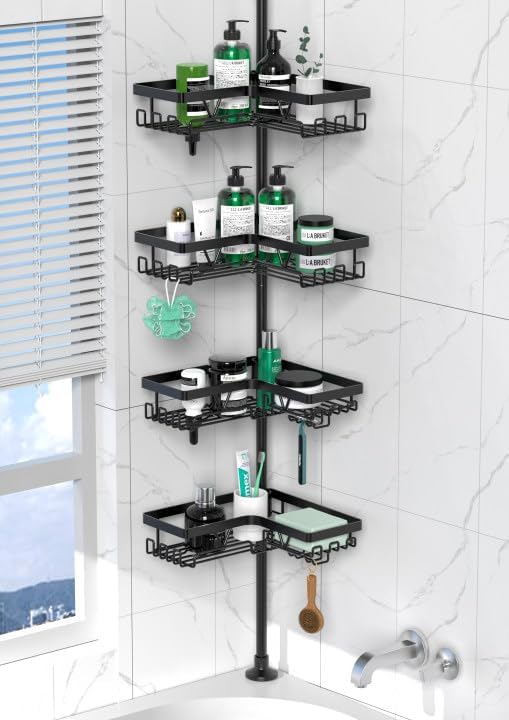 Corner Shower Caddy Tension Pole - 4 Tier Stainless Steel Rustproof Shower Corner Caddy for Bathtub Bathroom Shower Organizer Shelves Adjustable Pole 25-114.2 Inch Black