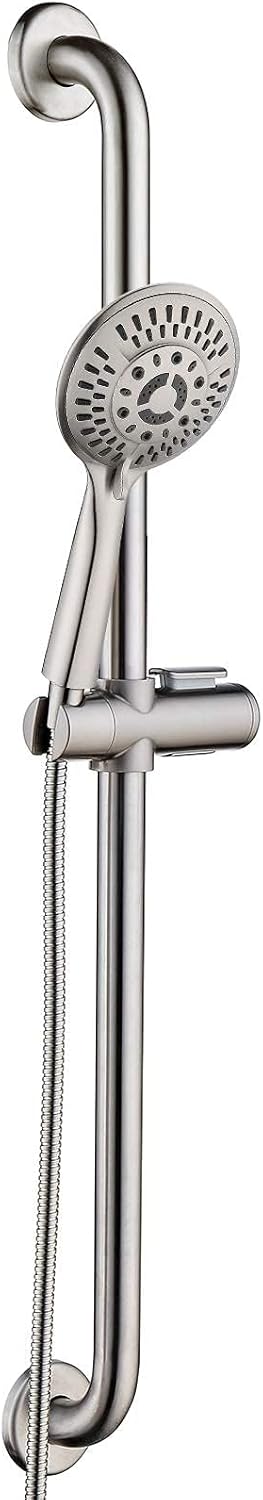 BRIGHT SHOWERS Stainless Steel Slide Bar Grab Rail Set Ada compliant Includes Handheld Shower Head and 69-Inch Hose (Brushed Nickel)