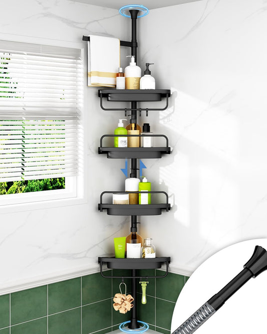 ALLZONE Rustproof Shower Caddy Corner for Bathroom,Bathtub Storage Organizer for Shampoo Accessories,4-Tier Adjustable Shelves with Tension Pole, 34 to 116 Inch, Black