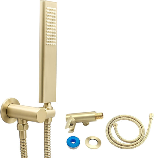Solid Brass Handheld Shower Head Arc Design High Pressure Brushed Gold Hand Shower Wand with Adjustable Supply Elbow Wall Connector Shower Holder and 59″ Stainless Steel Hose Set