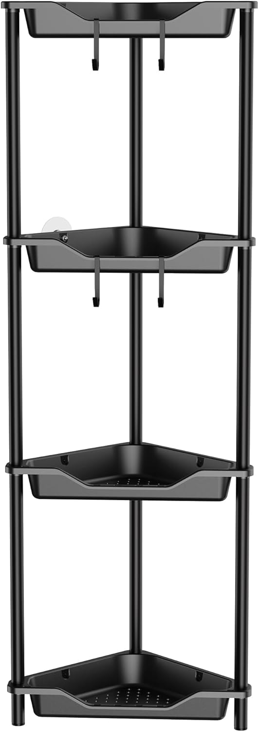 Orimade Rustproof 4 Tier Floor Standing Corner Shower Caddy Organizer, Plastic Metal Splicing Floor Corner Shelf Rack Storage Stands for Bathroom,10.8 x 10.8 x 44.6 inches, Black