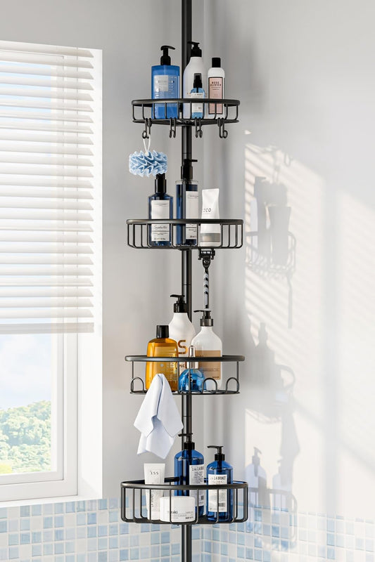 Corner Shower Caddy Tension Pole: Stainless Steel Rustproof 4-Tier Shower Organizer - 47-121 inch Adjustable Bathroom Shelves for Bathtub Shampoo Storage - Tension Rod Floor Standing Bath Rack - Black