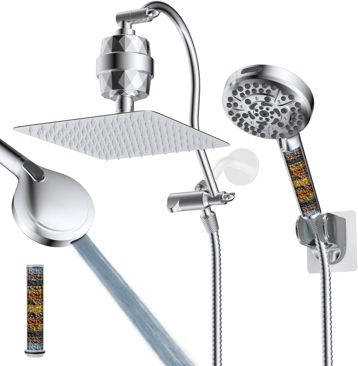 Hibbent All Metal Shower Head, 10'' High Pressure Rainfall Shower Head/Handheld Showerhead Combo with 12'' Adjustable Curve Shower Extension Arm, 10 Sprays, 71'' Shower Hose, Showerhead Holder, Chrome