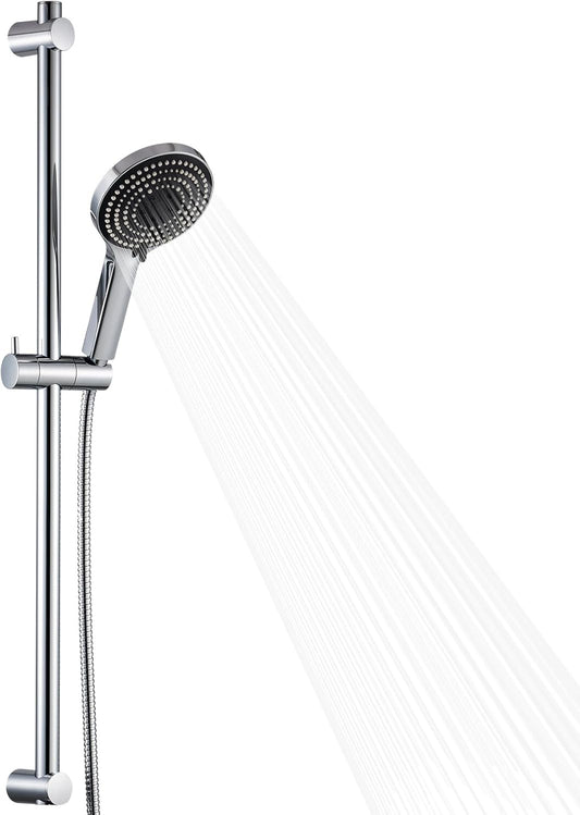 OFFO Shower Slide Bar Combo, Adjustable 33 in Slide Bar with 6-Mode High Pressure Handheld Shower Head and 60 in Stainless Steel Hose, Screw Wall Mounted, Chrome