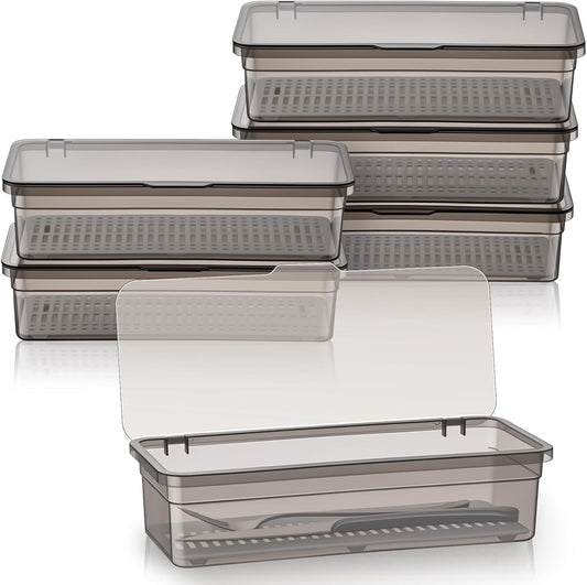 Remerry 6 Pcs Flatware Tray with Lid and Drainer, Plastic Utensil Organizer, Kitchen Cutlery Transparent Storage Box with Lid and Drain Rack, Drawer Tableware Storage Box for Home and Travel (Grey)