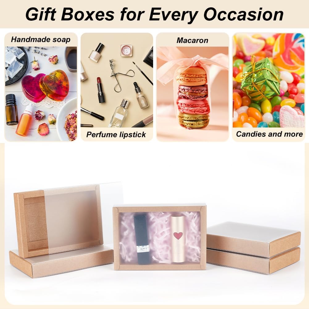 BENECREAT 30 Pack Rectangle Brown Kraft Boxes, 6x3x1.5 inch Present Packaging Boxes with Frosted PVC Windows for Chocolates, Handmade Soap, Cosmetic Samples
