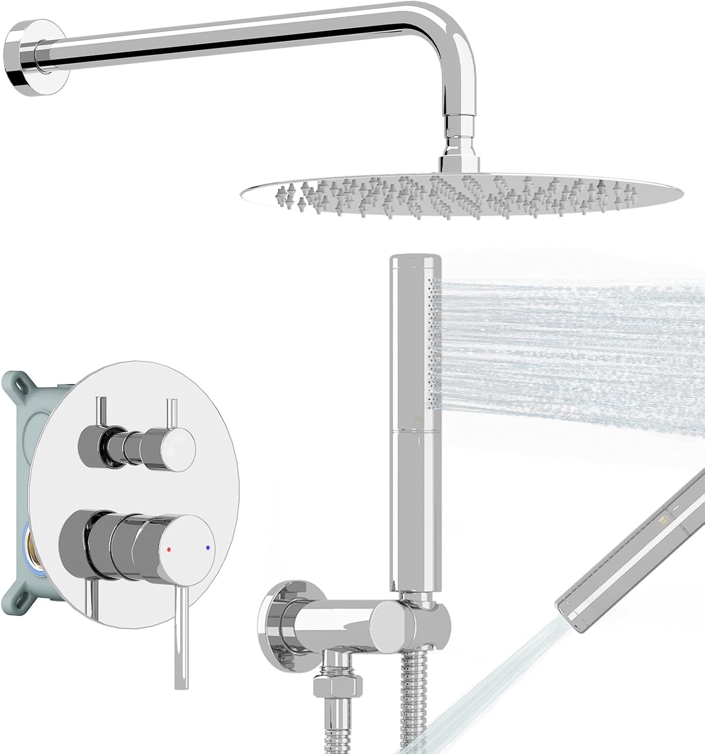 BESy Shower System with 10 Inch Round Rain Shower Head and Handheld Wall Mounted, High Pressure Rainfall Heads Shower Faucet Fixture Combo Set with 2 in 1 Spray Showerhead for Bathroom, Matte Black