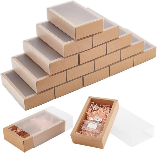 BENECREAT 30 Pack Rectangle Brown Kraft Boxes, 6x3x1.5 inch Present Packaging Boxes with Frosted PVC Windows for Chocolates, Handmade Soap, Cosmetic Samples