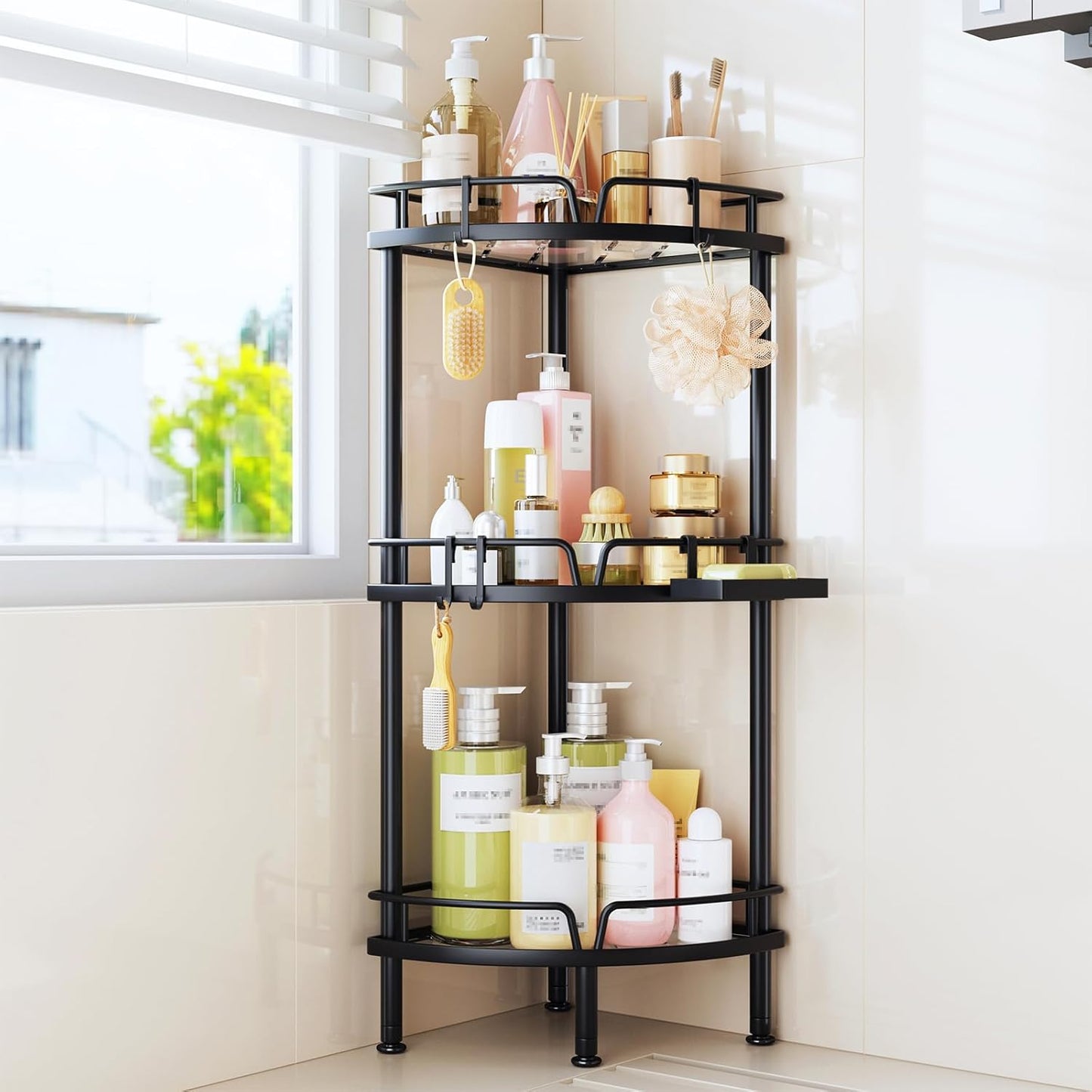 Consumest Corner Shower Caddy Stand - 3 Tier Shower Organizer with Soap Holder, Tall Floor Corner Shelf Standing with Adjustable Feet & 4 Hooks, Storage Rack for Bathroom Black