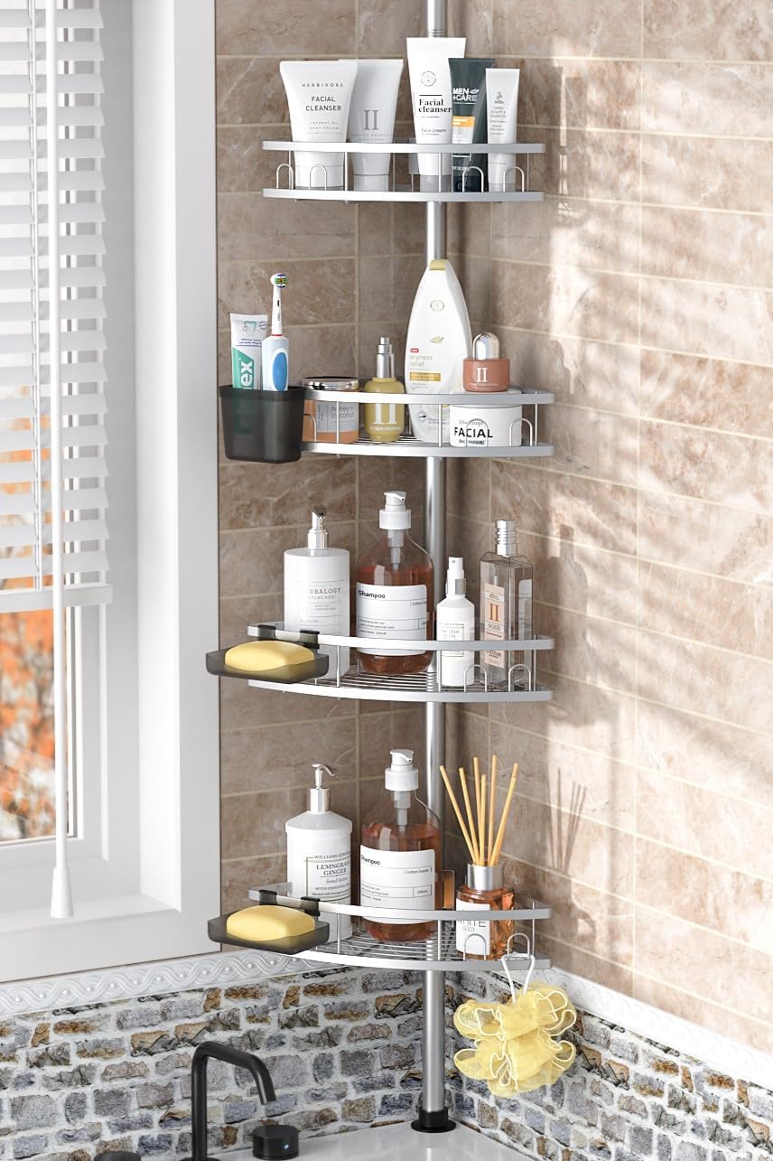 Tension Pole Shower Caddy Corner: Adjustable 4tier Bathroom Organizer Shelves - Rustproof Bathtub Shampoo Rack 43.5-120 inch