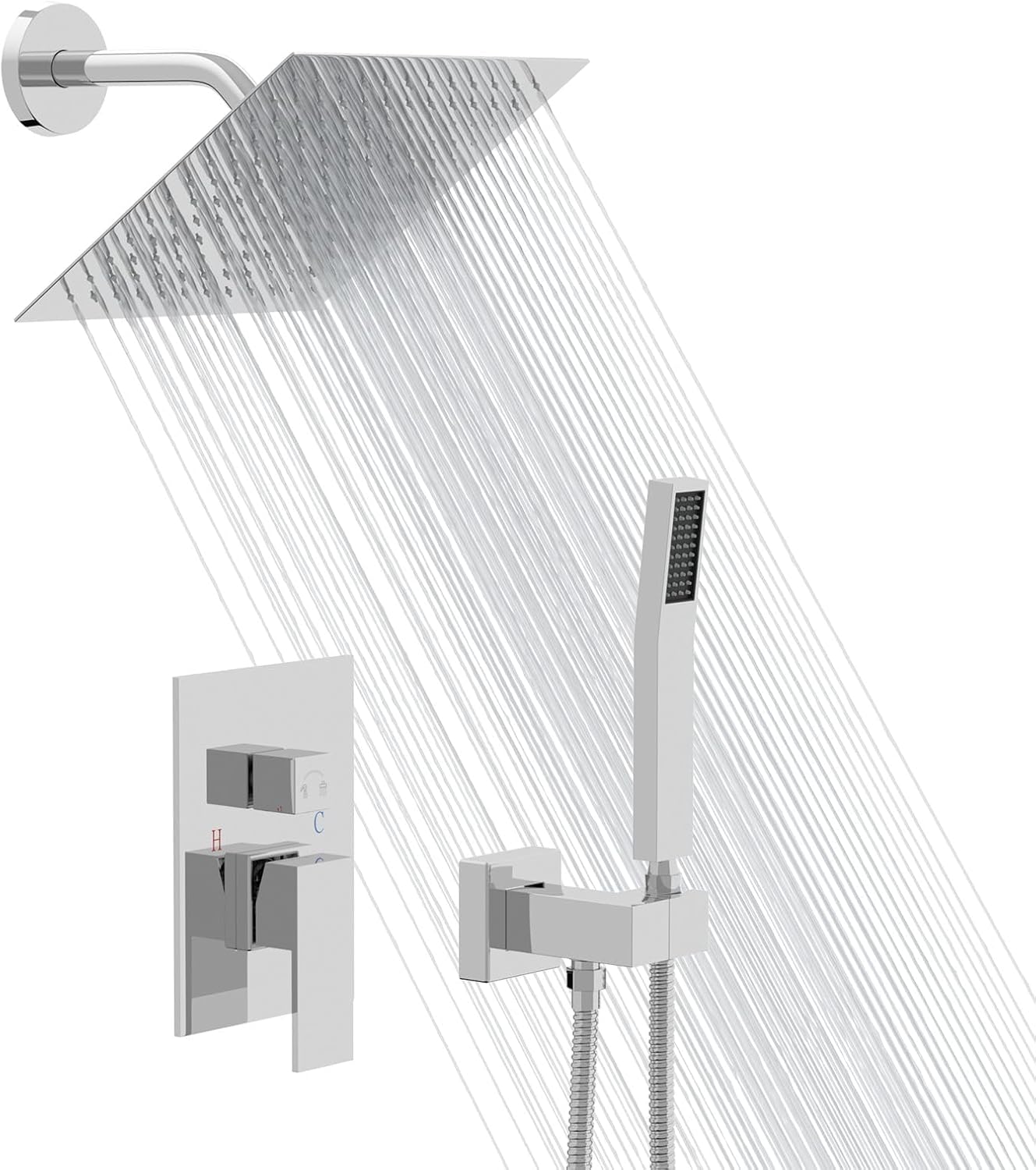Lordear 12 Inch Rainfall Shower System Wall Mounted Shower Head Faucet Set Gold Brushed Stainless Steel Showerhead with Handheld Combo, Brass Valve Included