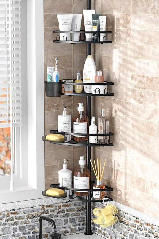 Tension Pole Shower Caddy Corner: Adjustable 4tier Bathroom Organizer Shelves - Rustproof Bathtub Shampoo Rack 43.5-120 inch