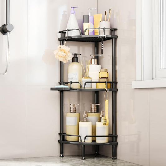 Consumest Corner Shower Caddy Stand - 3 Tier Shower Organizer with Soap Holder, Tall Floor Corner Shelf Standing with Adjustable Feet & 4 Hooks, Storage Rack for Bathroom Black