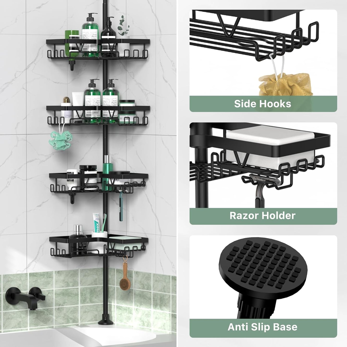 Corner Shower Caddy Tension Pole - 4 Tier Stainless Steel Rustproof Shower Corner Caddy for Bathtub Bathroom Shower Organizer Shelves Adjustable Pole 25-114.2 Inch Black
