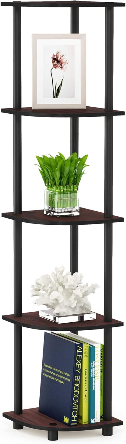 Furinno Turn-N-Tube 5 Tier Corner Display Rack Multipurpose Shelving Unit, 1-Pack, Dark Cherry/Black