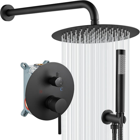 gotonovo Shower System 10 Inch Round Rainfall Showerhead Wall Mounted High Pressure Shower Faucet Set Fixture Combo with Rough in Valve and Cylindrical Handheld Spray, Matte Black