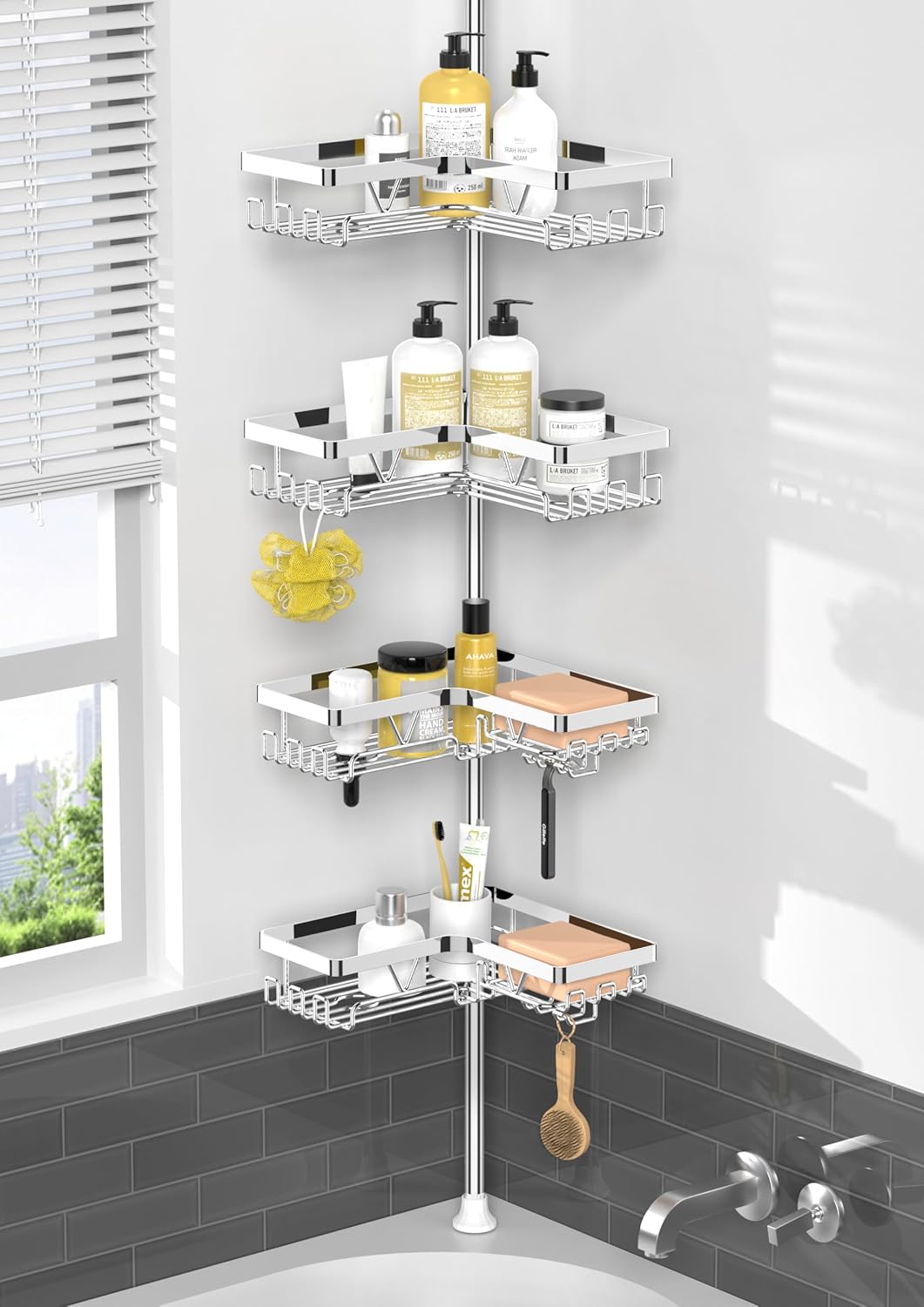 KEGII Corner Shower Caddy Tension Pole - Shower Tension Rod Organizer, Floor to Ceiling Shower Caddy 25-114.2 inch, Towel Rack Corner Waterproof, Black
